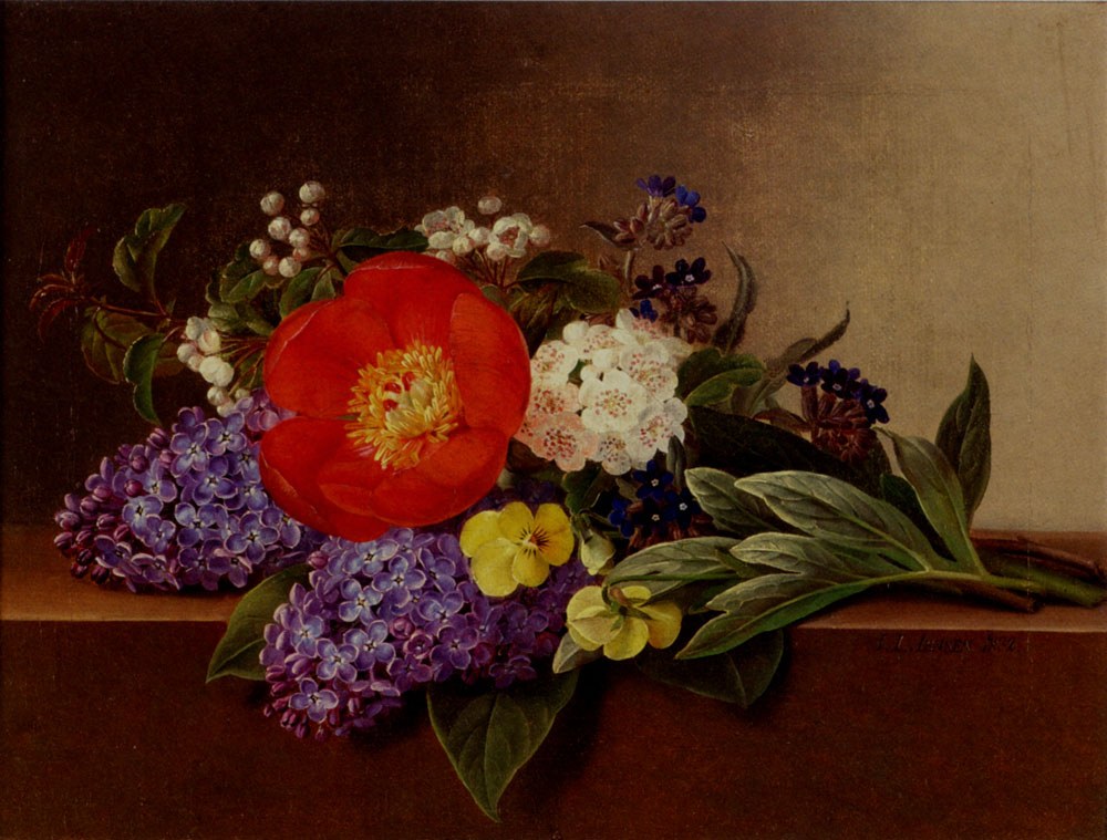 Lilacs Violets Pansies Hawthorn Cuttings And Peonies On A Marble Ledge