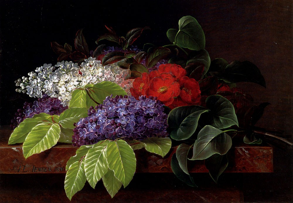 White And Purple Lilacs Camellia And Beech Leaves On A Marble Ledge