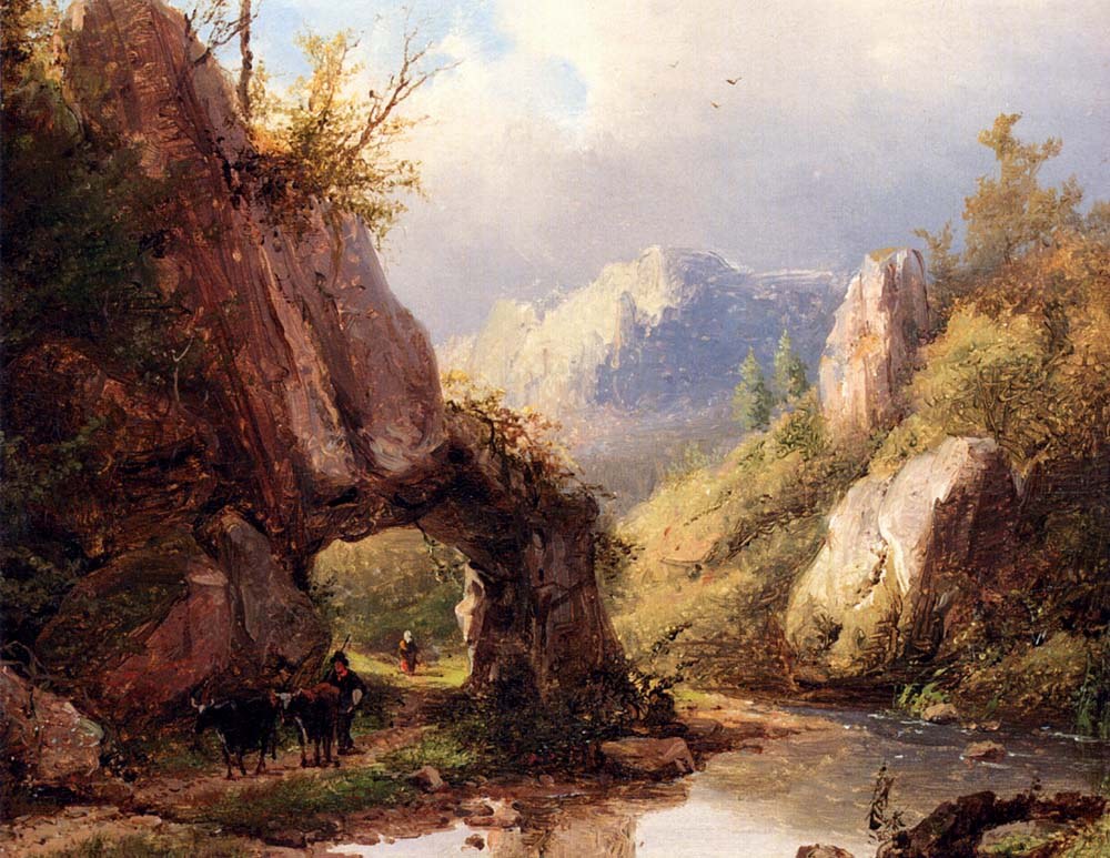 Johann Bernhard A Mountain Valley With A Peasant And Cattle Passing Along A Stream