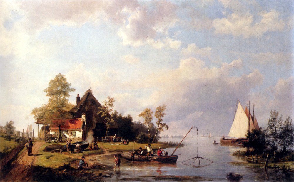 Hermanus A River Landscape With A Ferry And Figures Mending A Boat