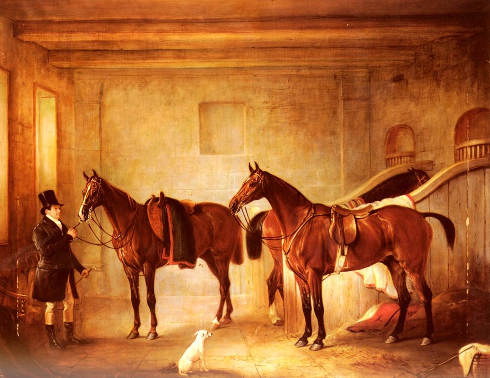 Ferneley John Sir John Thorold Bay Hunters With Their Groom In A Stable