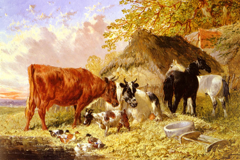 Herring Jnr John Frederick Horses Cows Ducks and a Goat By A Farmhouse
