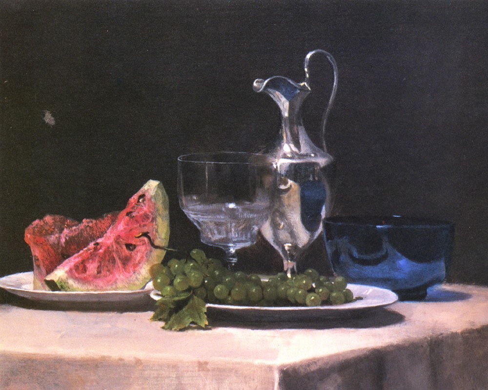 Still life study of silver glass and fruit