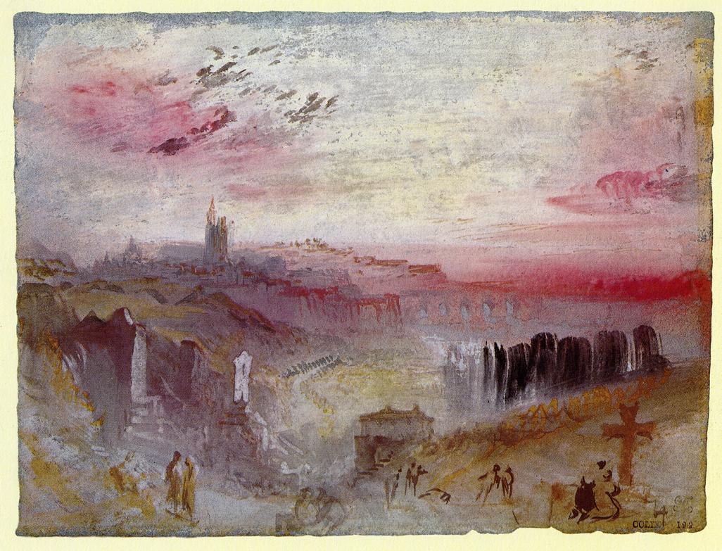 View over a Town at Sunset, a Cemetery in the Foreground
