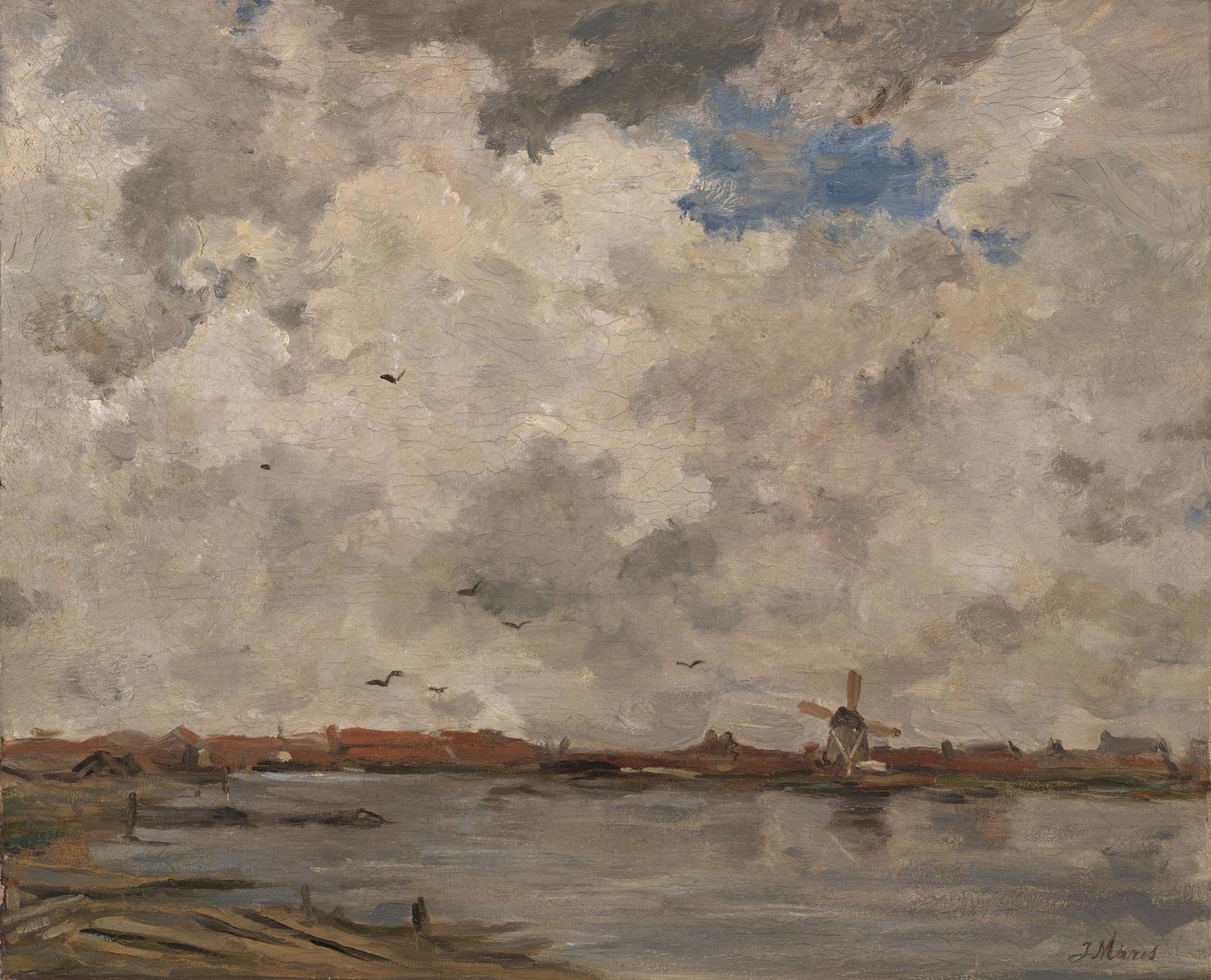 A Windmill and Houses beside Water: Stormy Sky