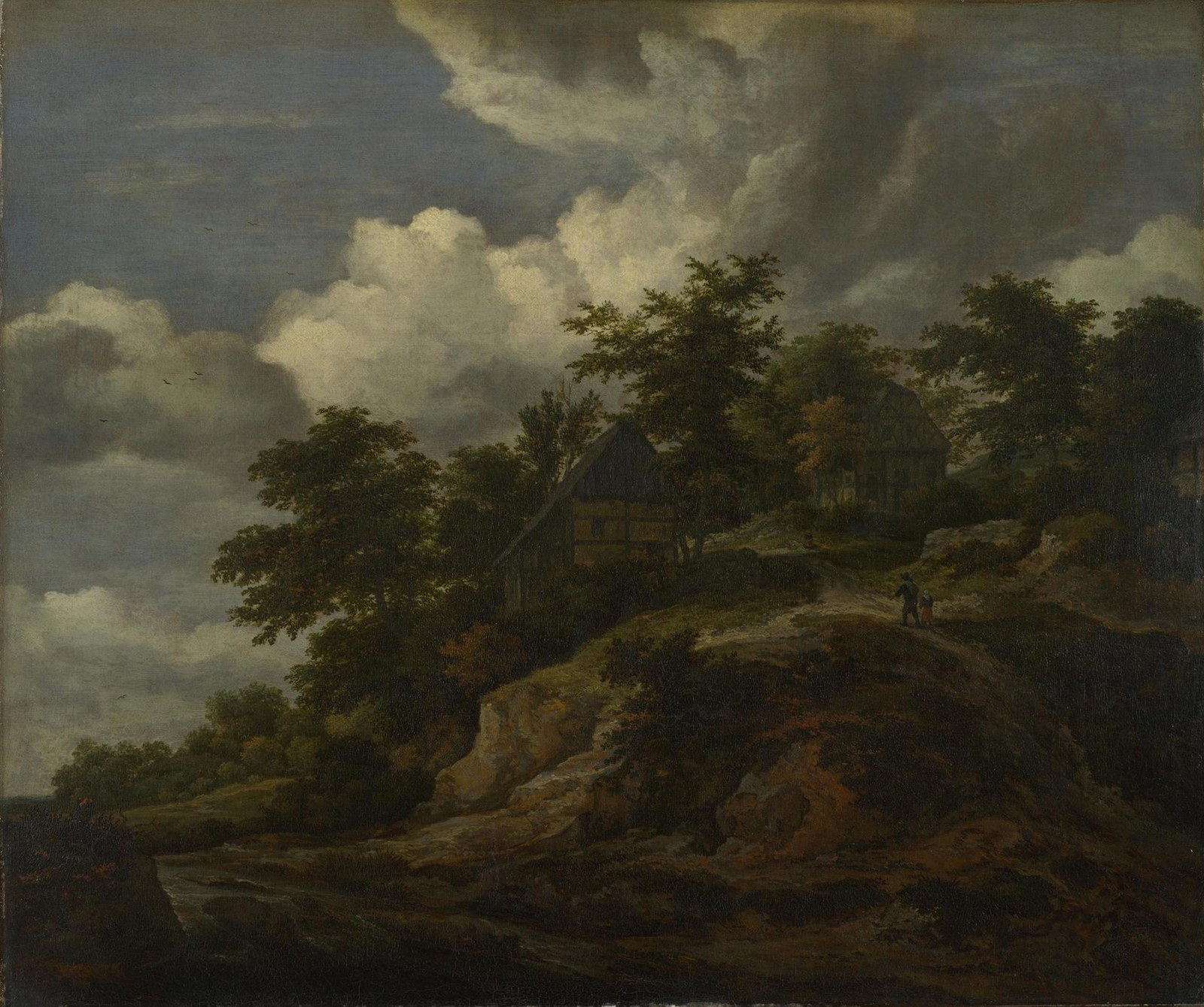 A Rocky Hill with Three Cottages, a Stream at its Foot