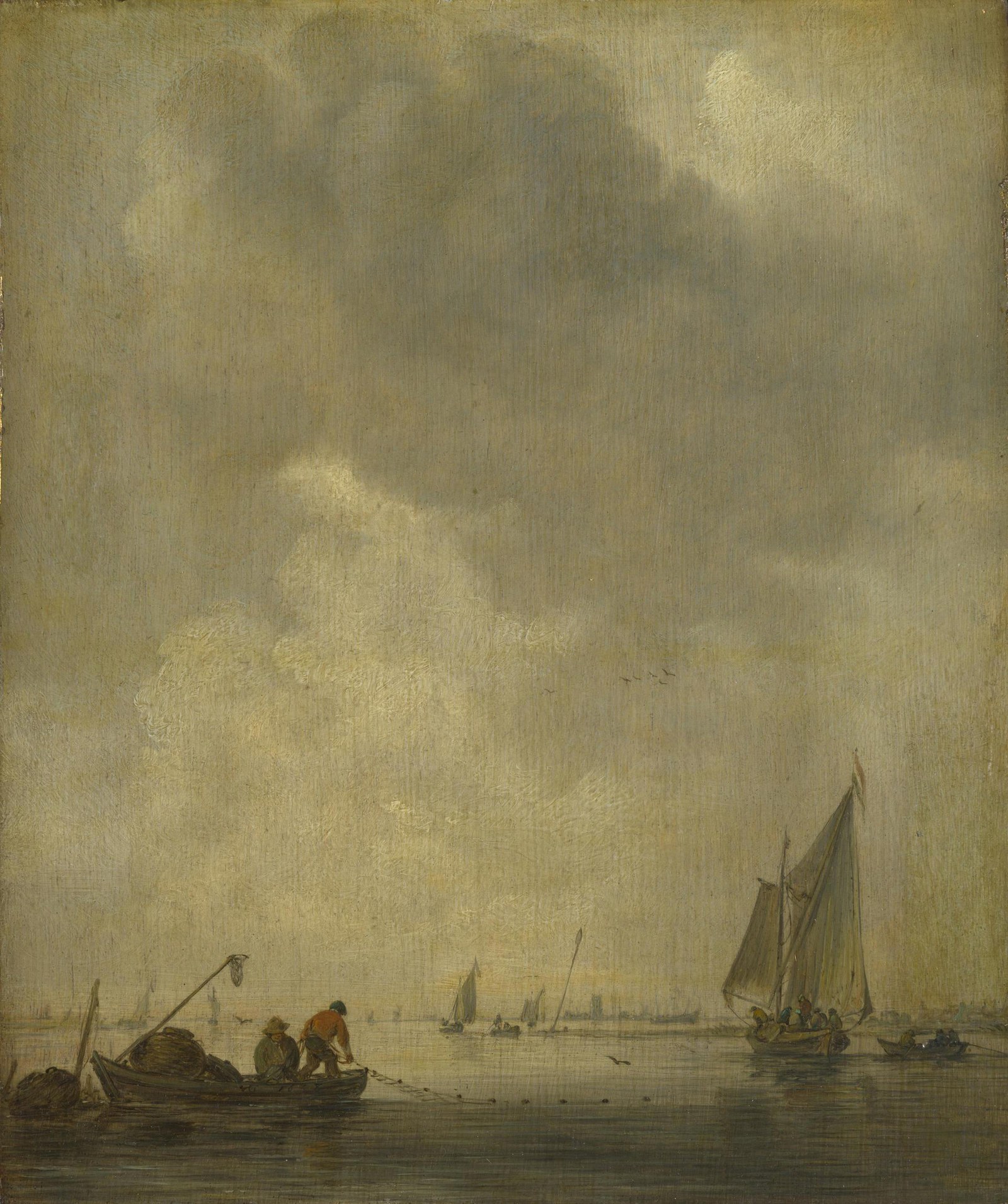 A River Scene, with Fishermen laying a Net