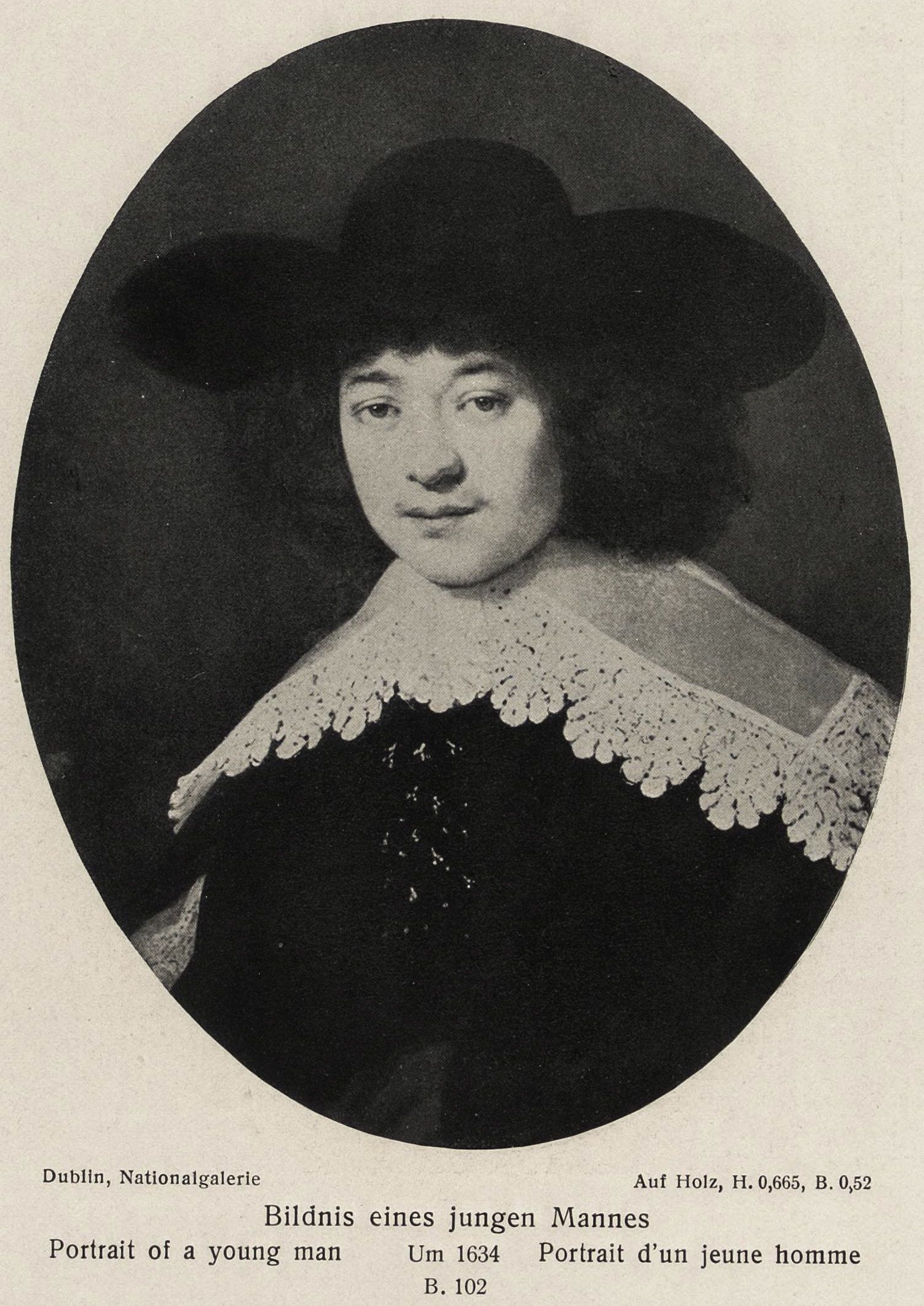 Oval portrait of a man wearing a split-sleeve jacket with flat lace collar and broad-brimmed hat