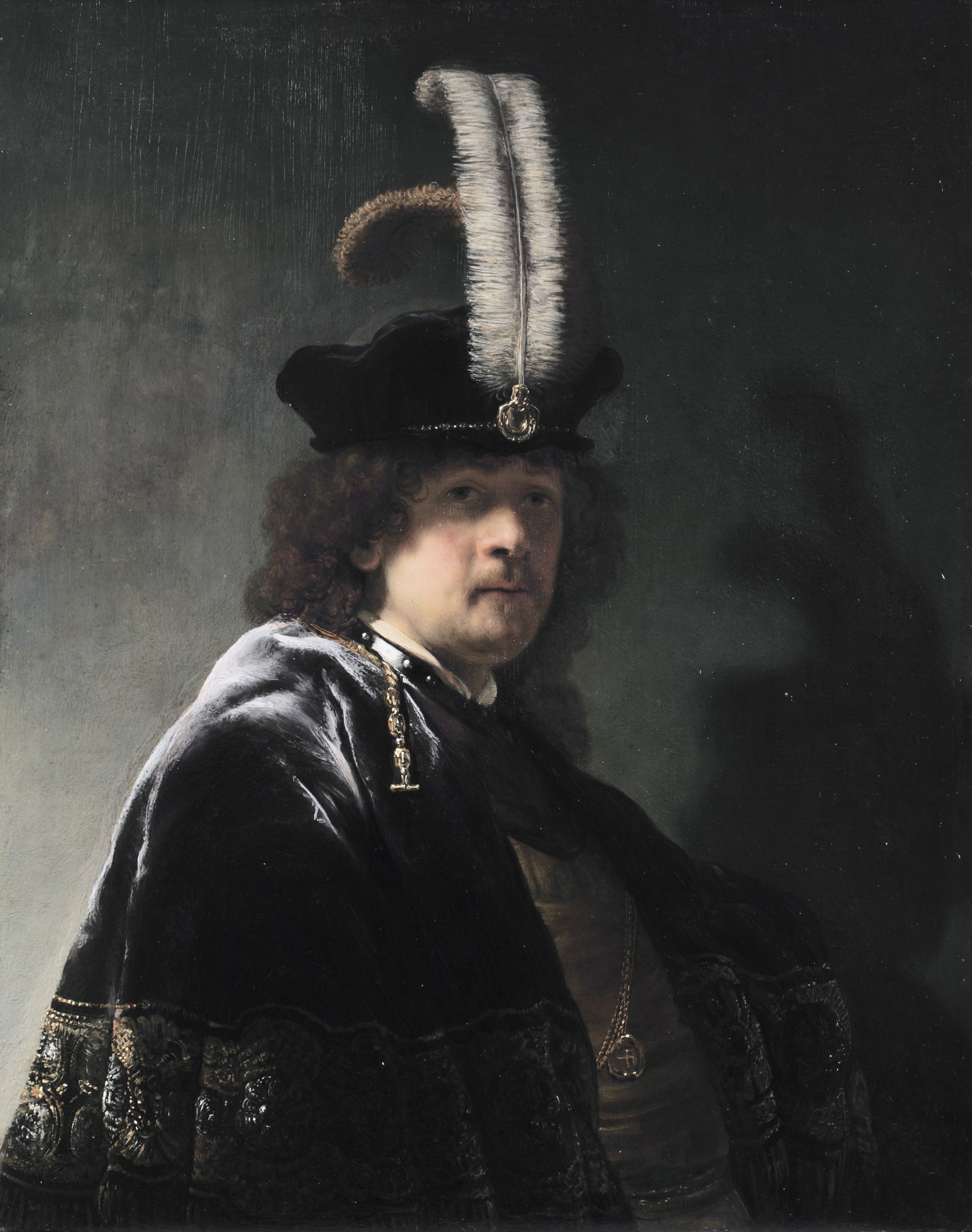 Self-portrait wearing a white feathered bonnet