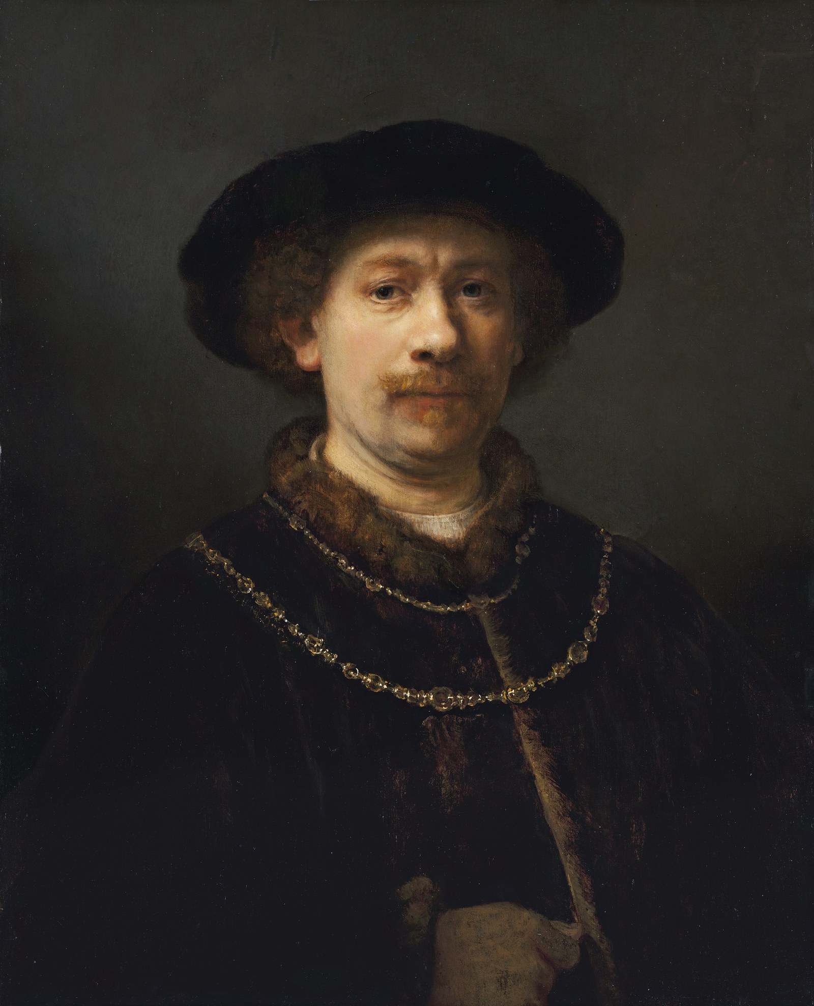 Self-portrait wearing a Hat and two Chains