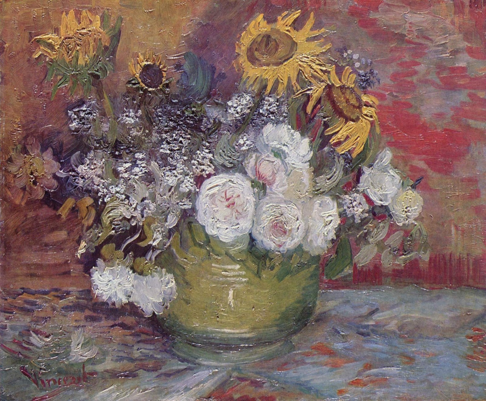 Bowl with Sunflowers, Roses and Other Flowers