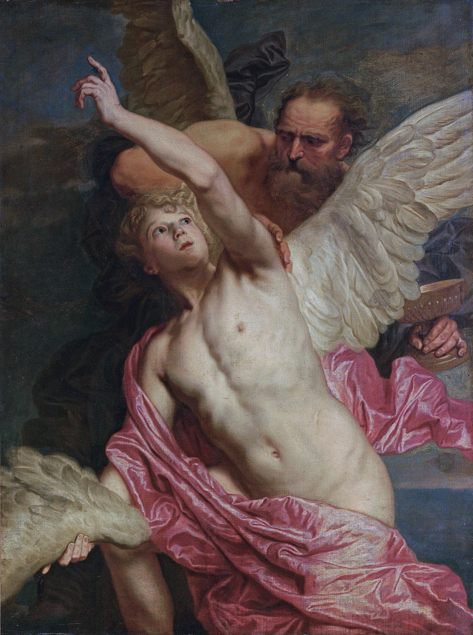 Daedalus fixing wings onto the shoulders of his son Icarus