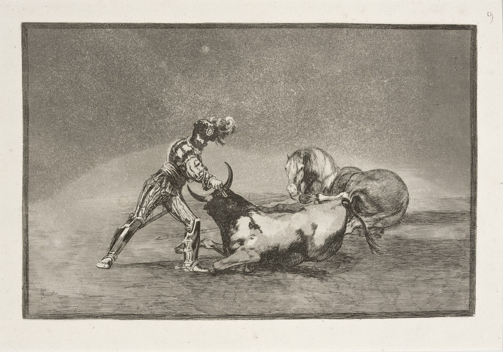 Francisco Goya y Lucientes - Um cavaleiro espanhol mata um touro após ter perdido o cavalo, da série Tauromaquia, 1815-16