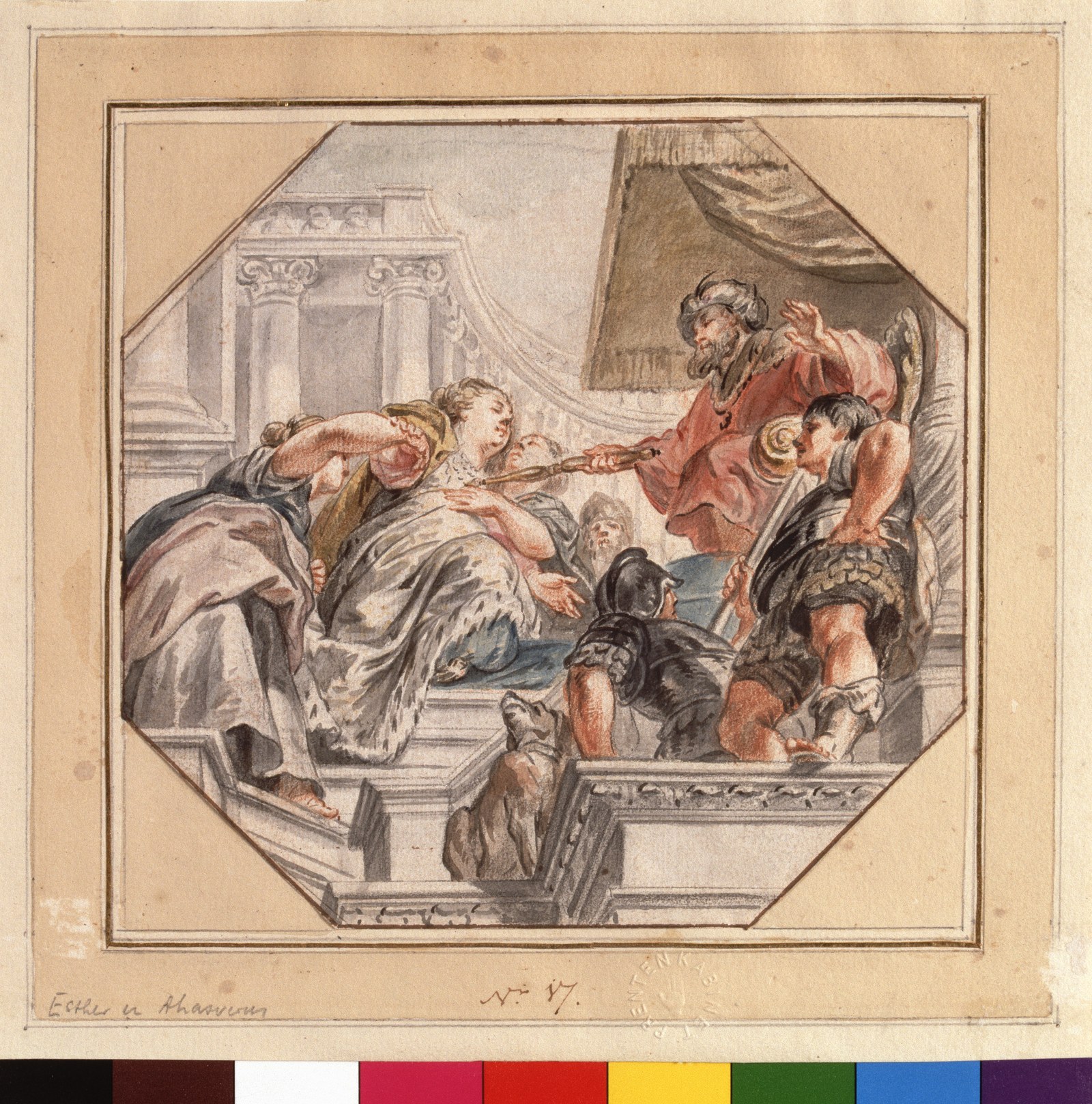 Ahasuerus holds out his golden sceptre to Esther (Esther 5:2)