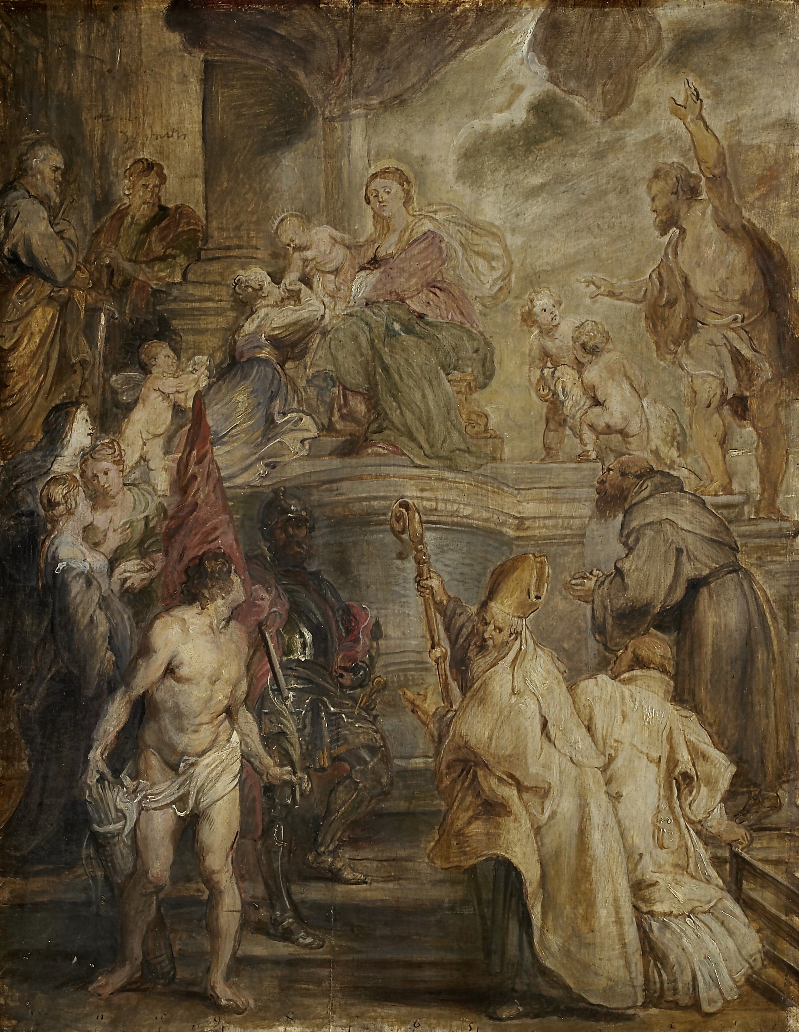 The Mystic Marriage of St Catherine (Colour Sketch for the Altar of the Church of the Augustinian Fathers in Antwerp), verso: Two Cavalry Battles