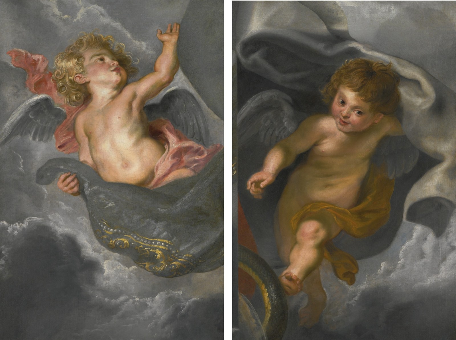 Two Cherubs holding up Drapery