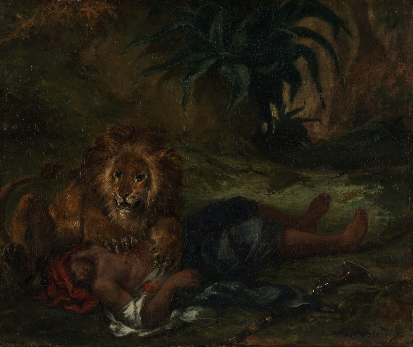 Lion mauling a dead Arab