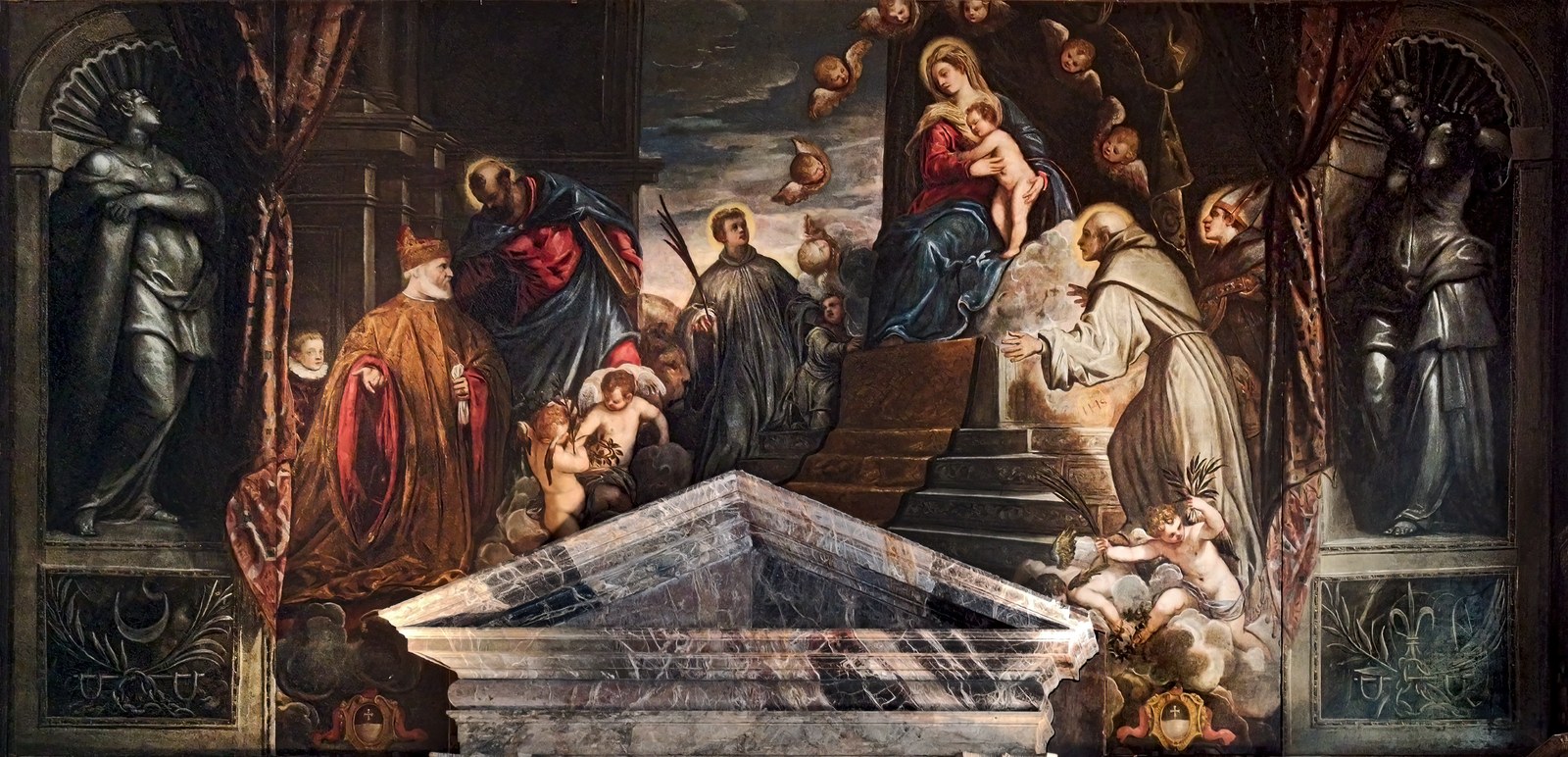 Andrea Gritti, assisted by St. Mark, before Mary and Sts. Bernardino, Luigi and Marina