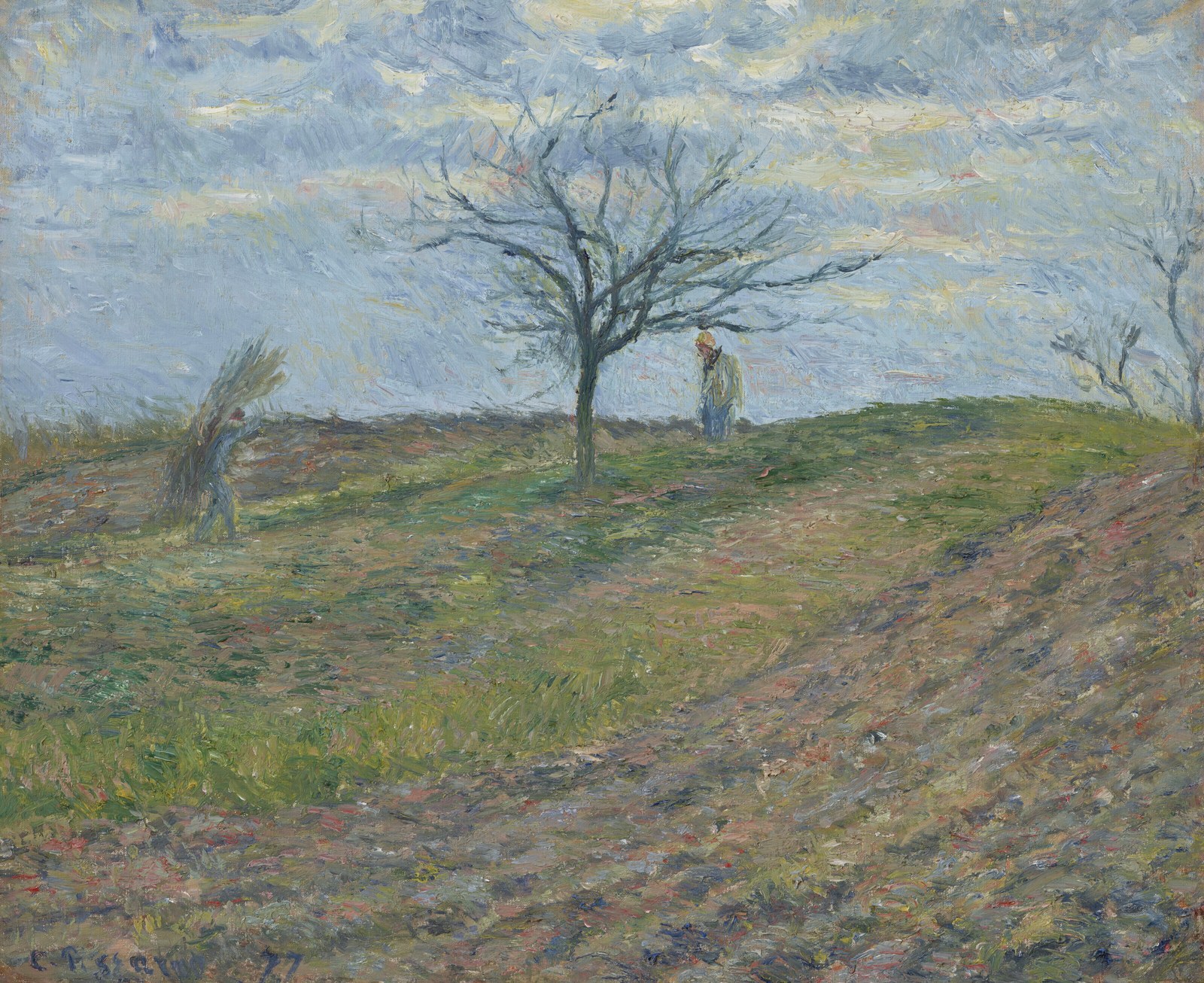 Ploughed Field in Winter with a Man Carrying a Bundle of Sticks