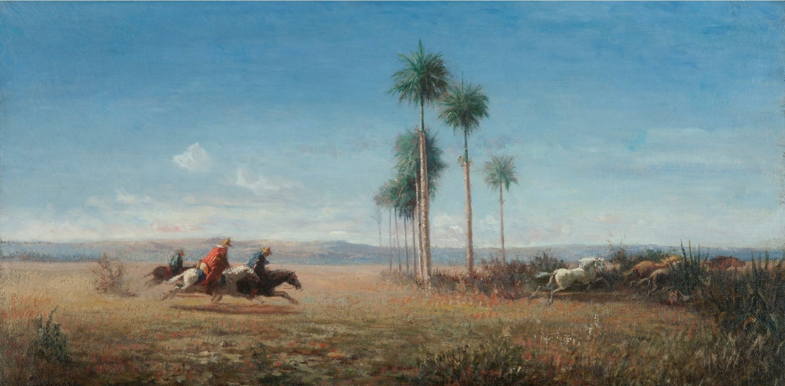 Three Riders Galopping across a Plain in Venezuela