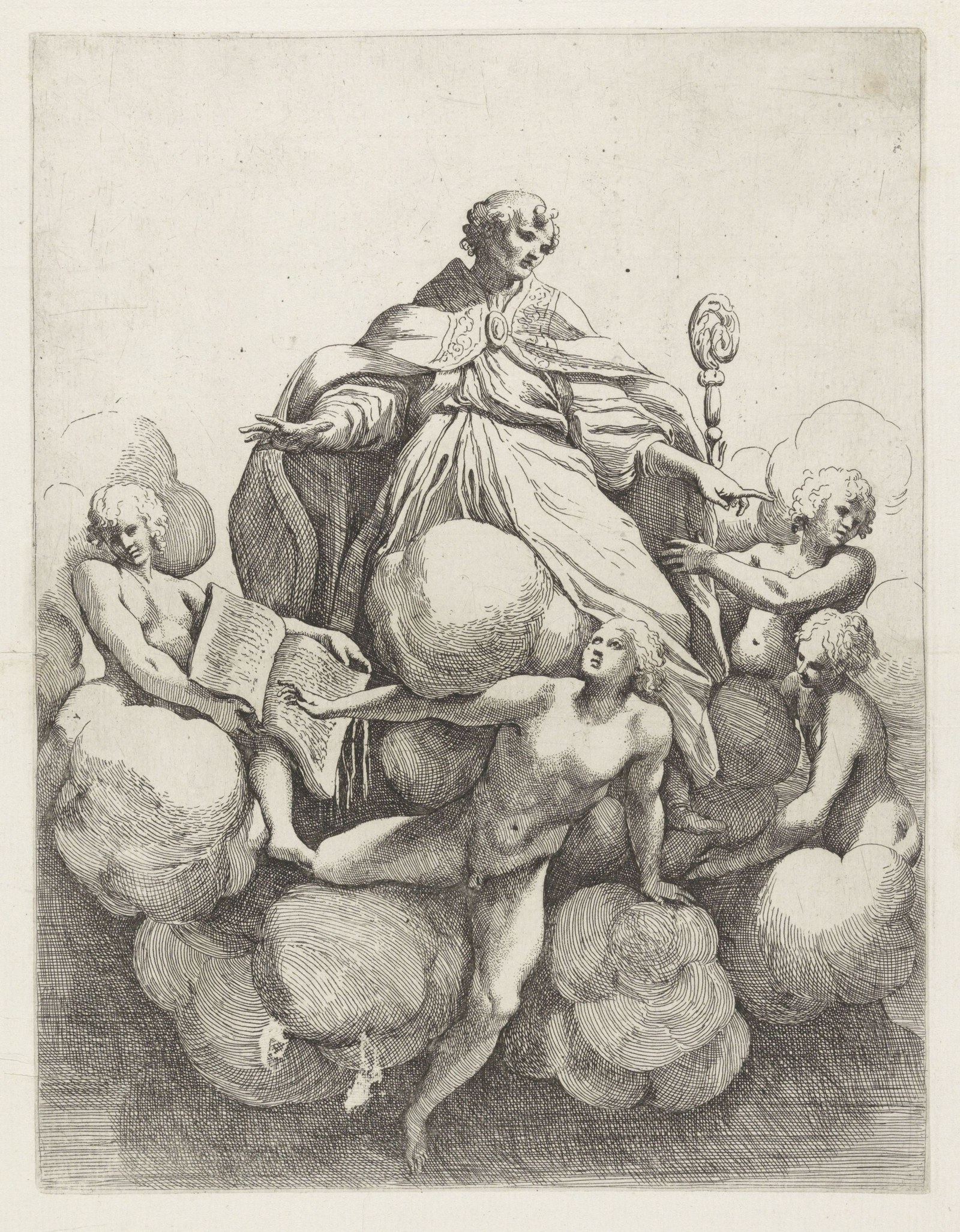 Bisschop ten hemel stijgend en omringd door vier engelen Koepeldecoraties door Correggio in de S. Giovanni Evangelista in Parma (serietitel), RP-P-OB-34.075