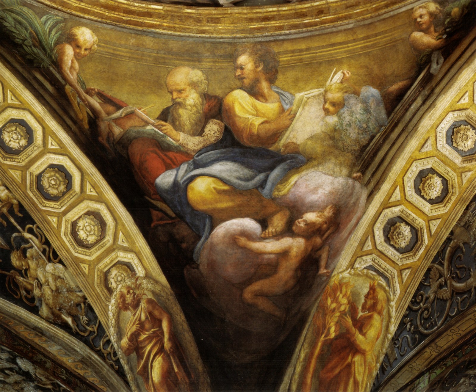Correggio, cupola, santi ambrogio e luca