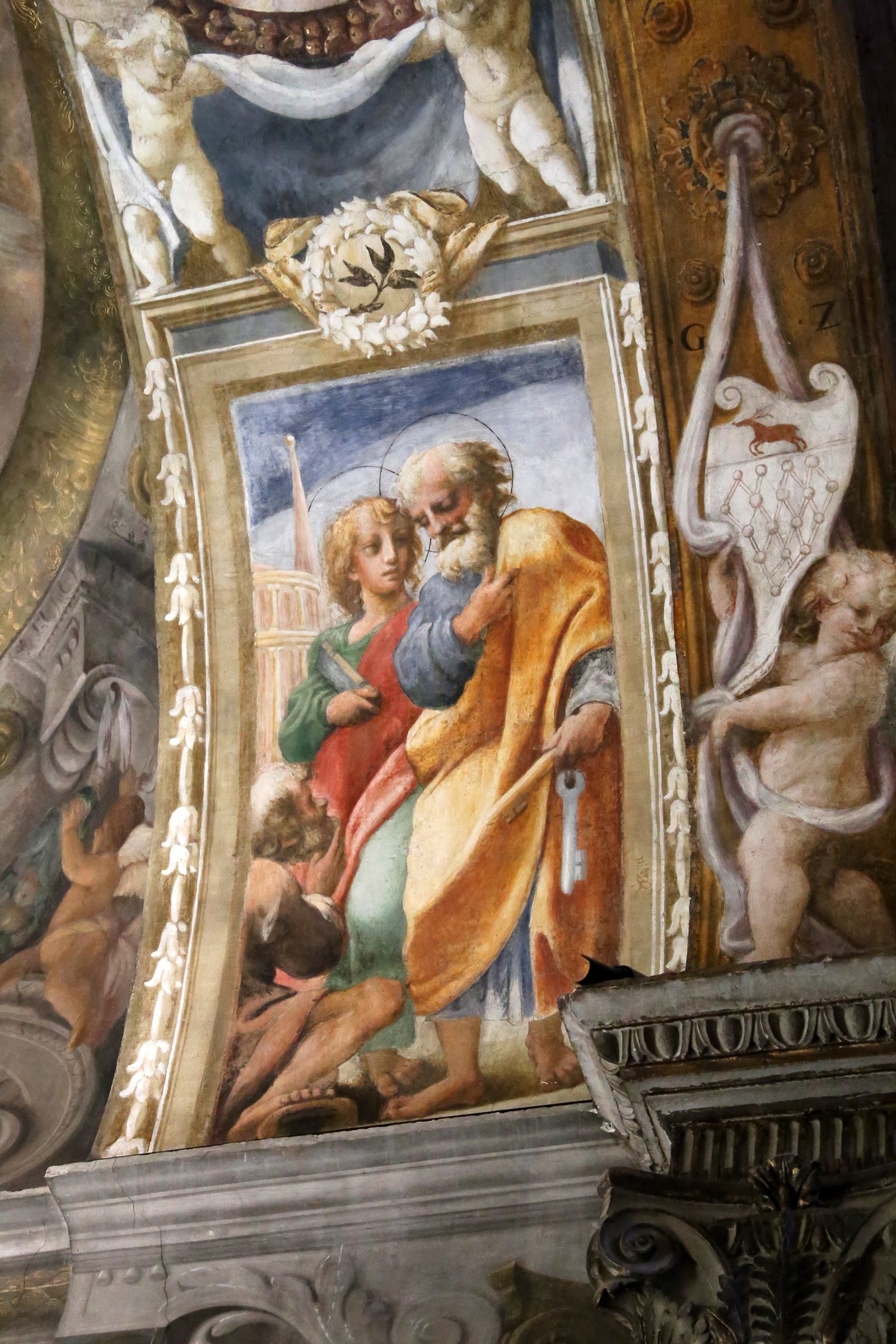 Correggio e aiuti, ss. pietro e andrea davanti a un mendicante, 1524-26