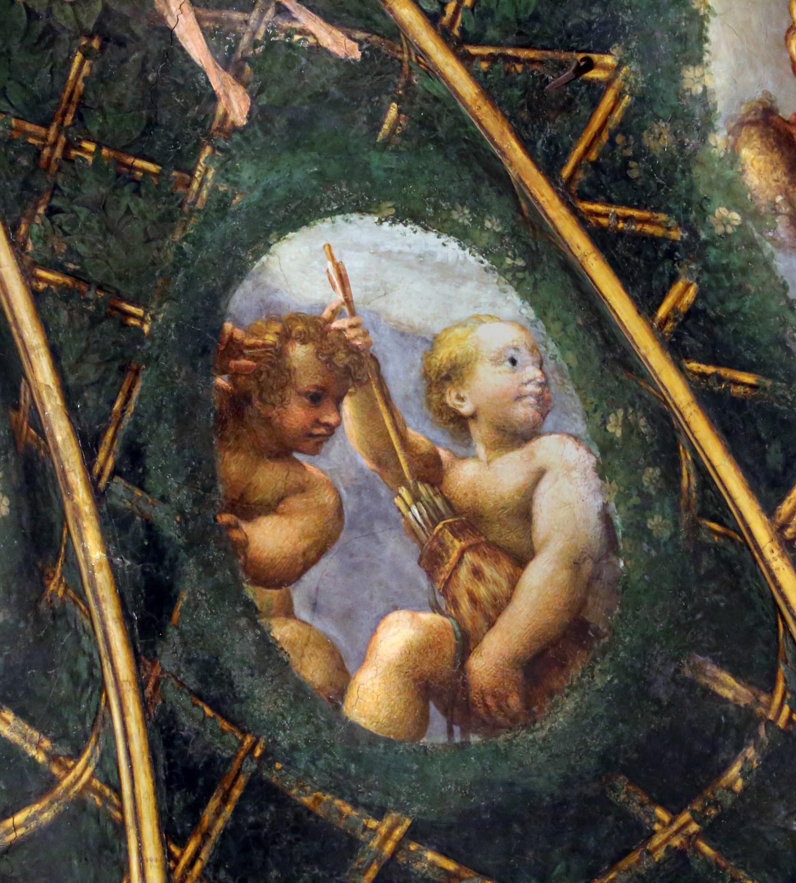 Correggio, camera di san paolo, 1518-19, putti con oggetti legati alla caccia e ad altro, 12