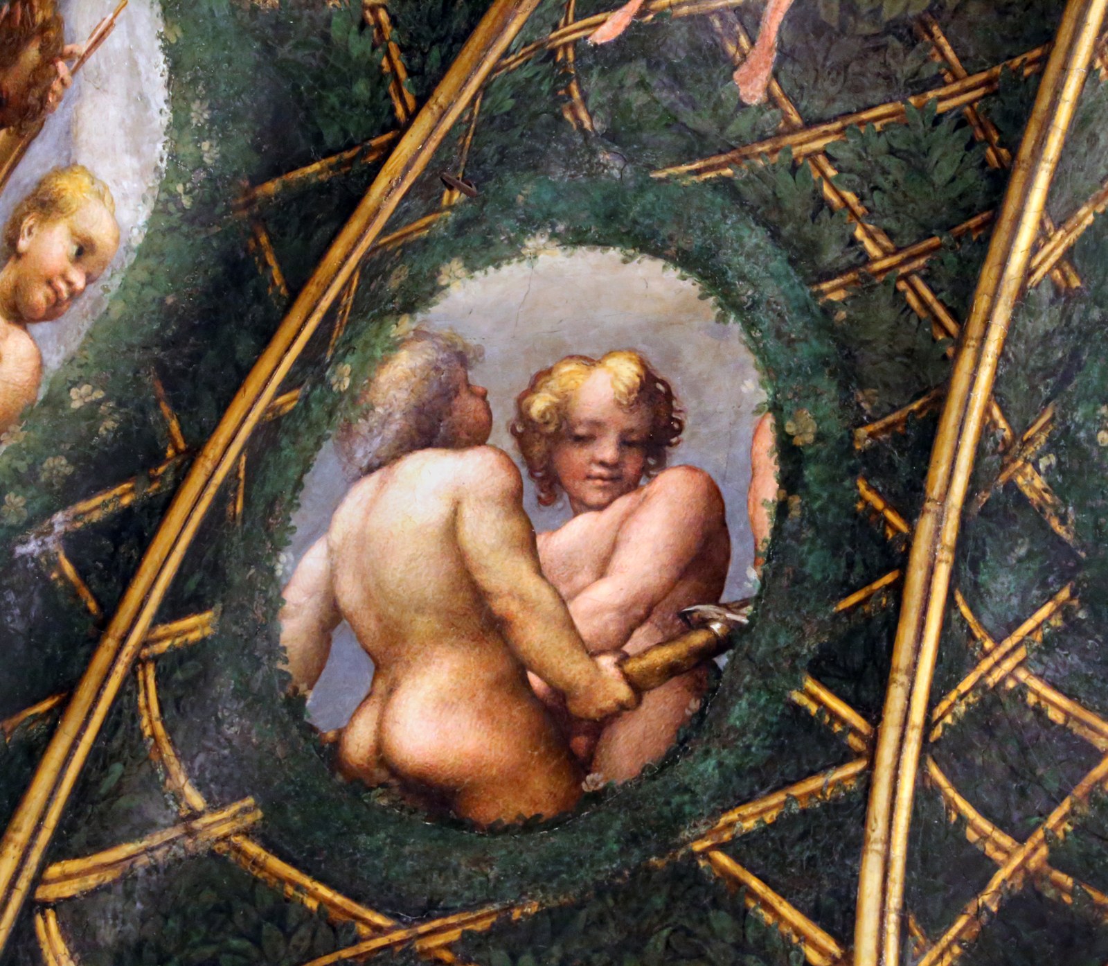 Correggio, camera di san paolo, 1518-19, putti con oggetti legati alla caccia e ad altro, 13
