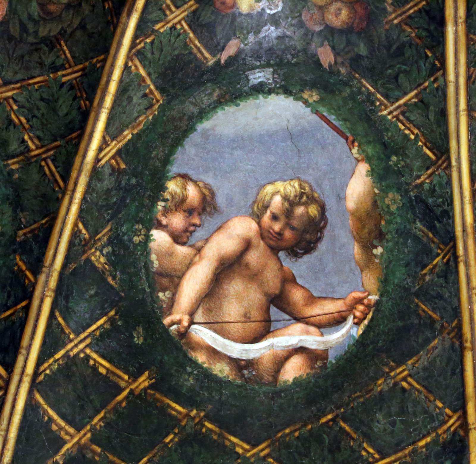Correggio, camera di san paolo, 1518-19, putti con oggetti legati alla caccia e ad altro, 14