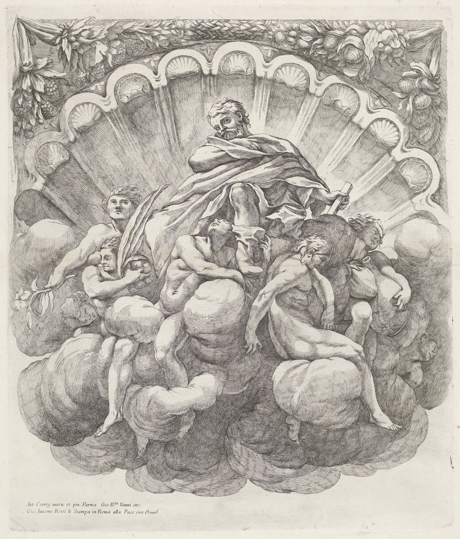 Heilige omgeven door zeven engelen Koepeldecoraties door Correggio in de S. Giovanni Evangelista in Parma (serietitel), RP-P-OB-39.235