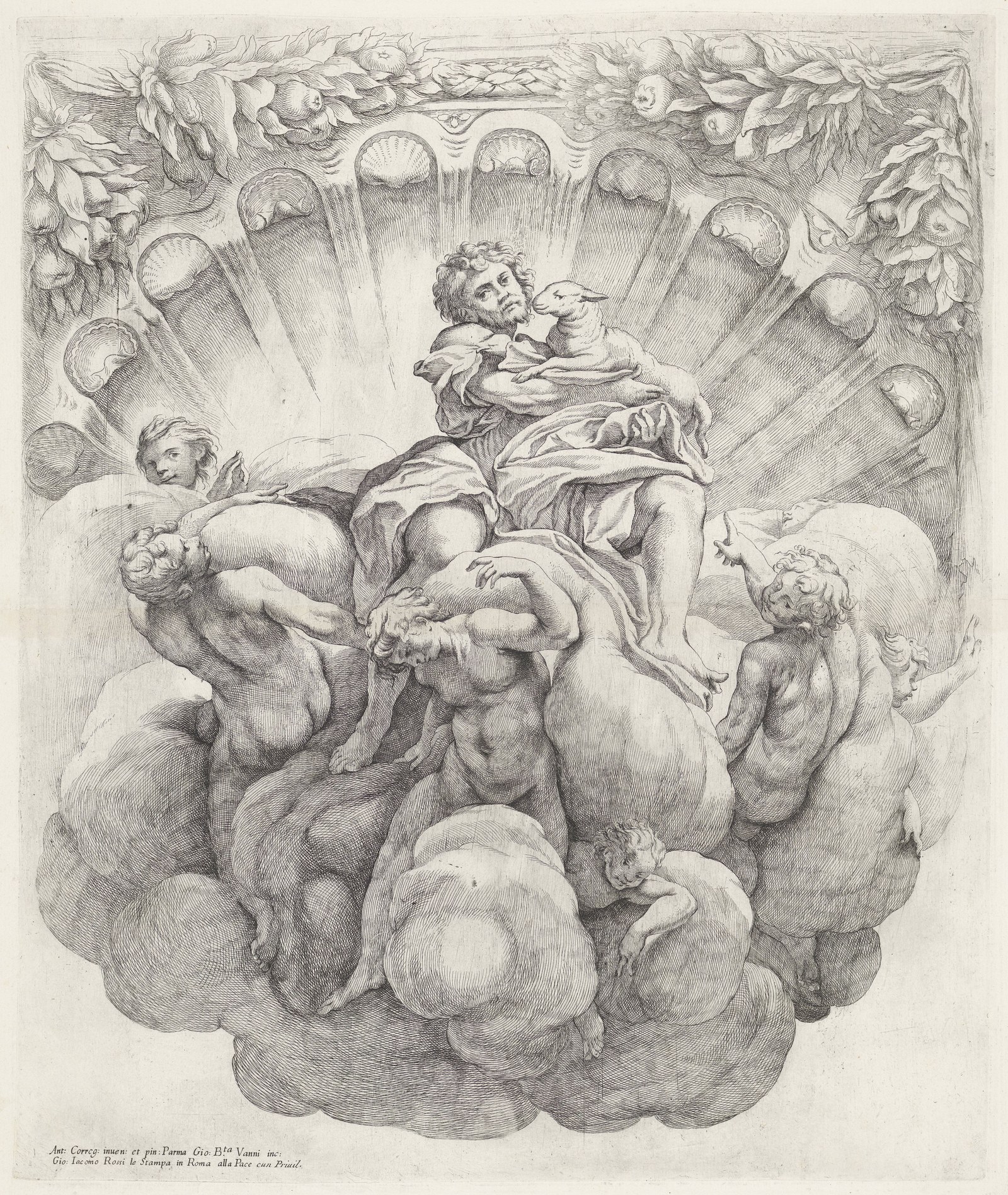 Johannes de Doper omgeven door zeven engelen Koepeldecoraties door Correggio in de S. Giovanni Evangelista in Parma (serietitel), RP-P-OB-39.234