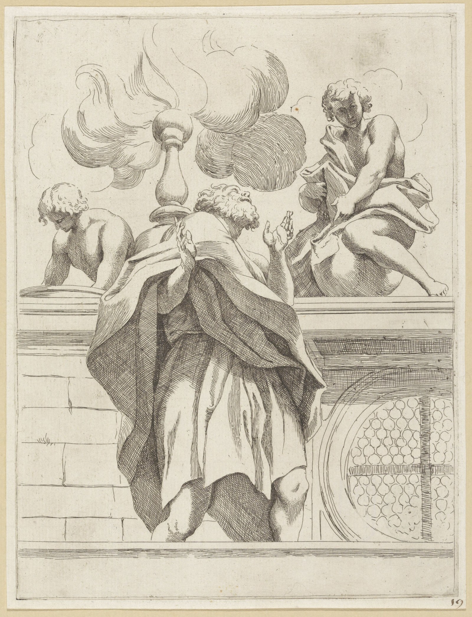 Profeet met twee engelen Koepeldecoraties door Correggio in de S. Giovanni Evangelista in Parma (serietitel), RP-P-H-H-42