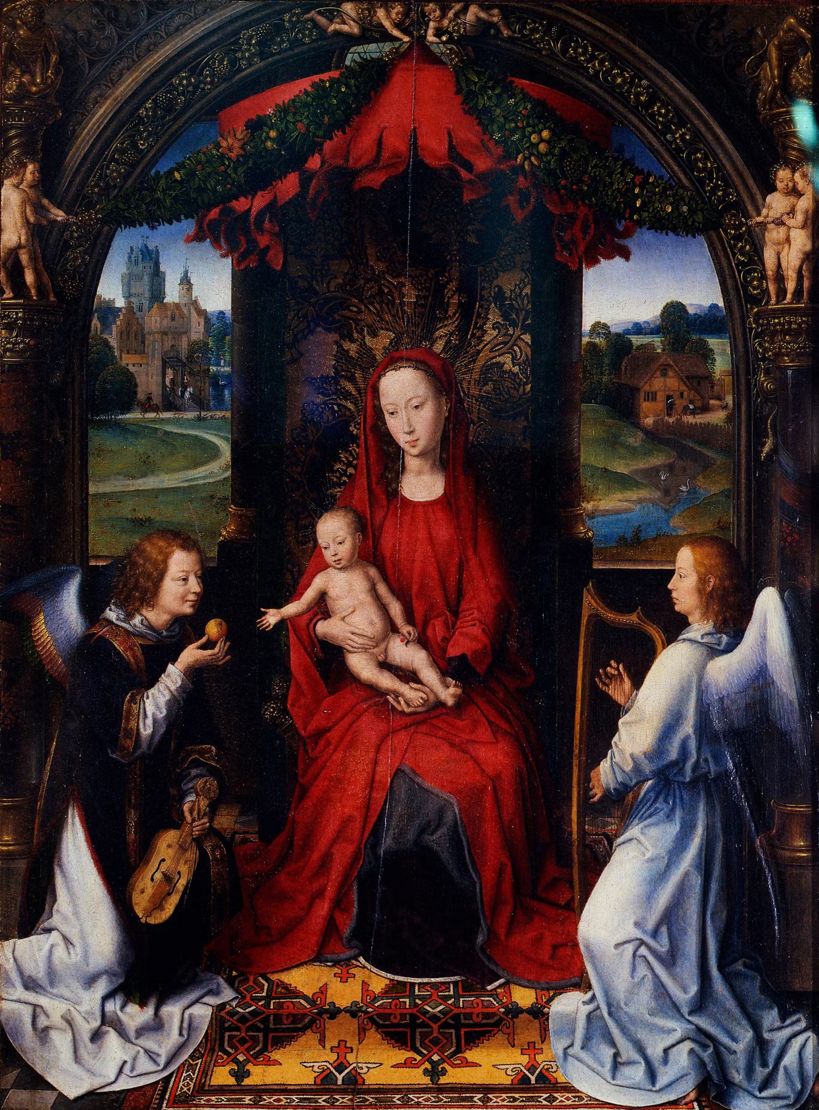 Madonna enthroned with child and two musical angels