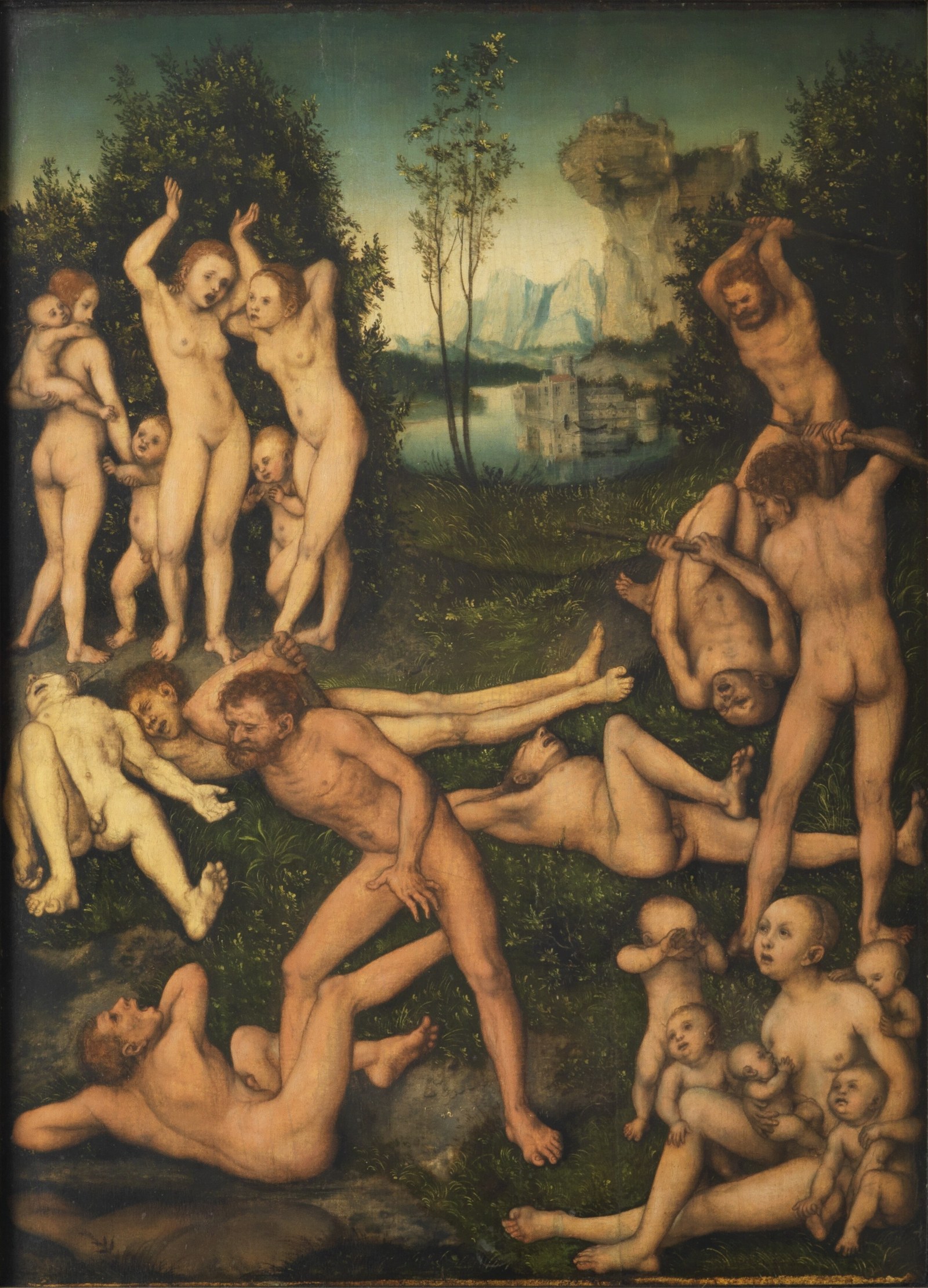 Battle between naked men and their complaining women