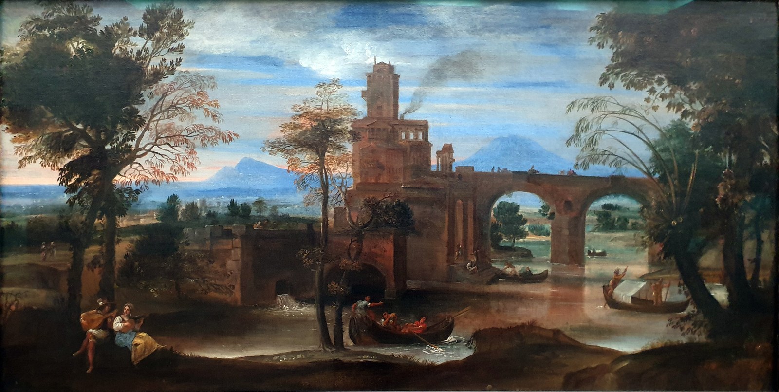 A Roman River Scene with a Castle and a Bridge