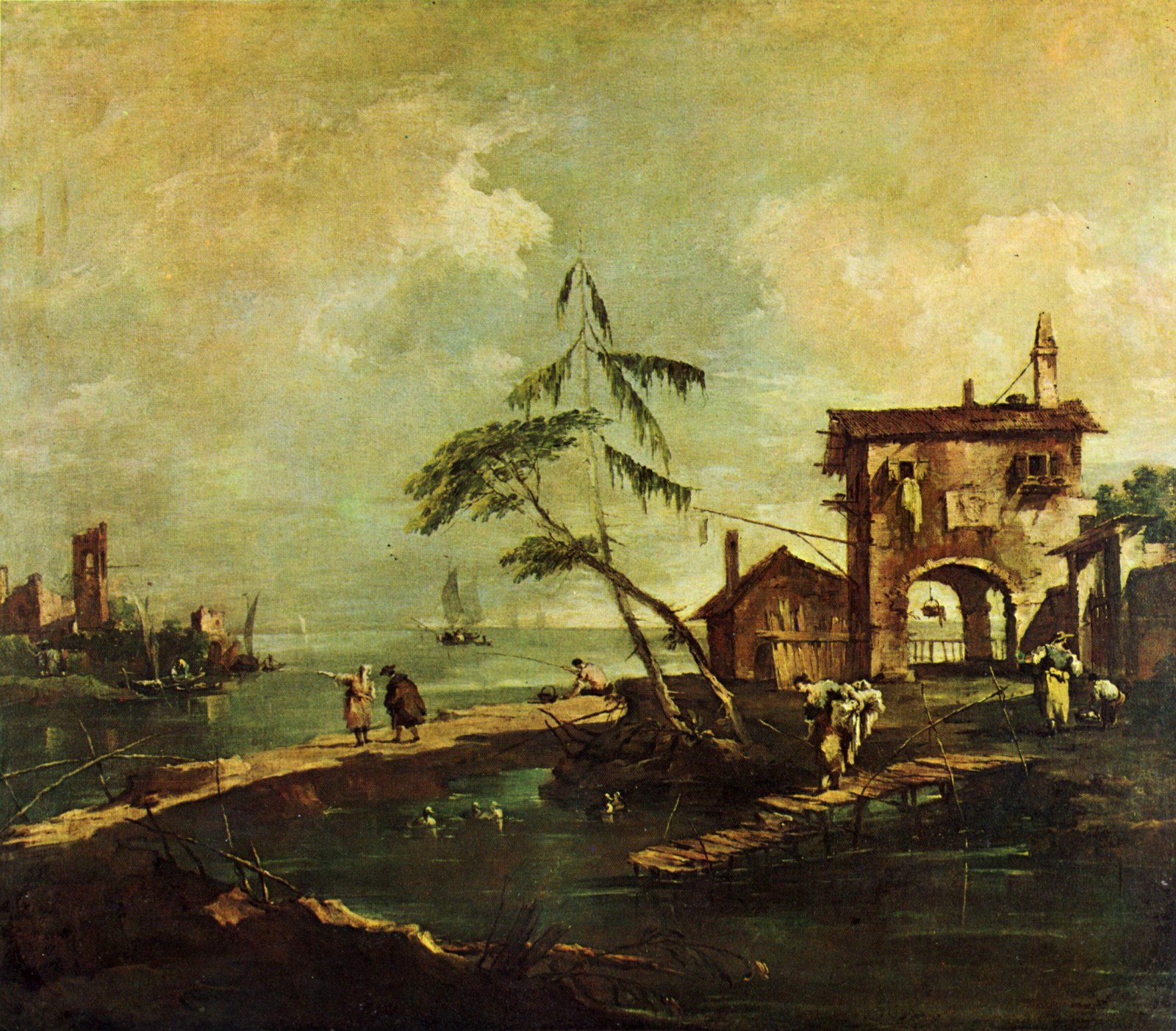 Capriccio: Dilapidated Church, Farmhouse and Human Figures by a River Lagoon