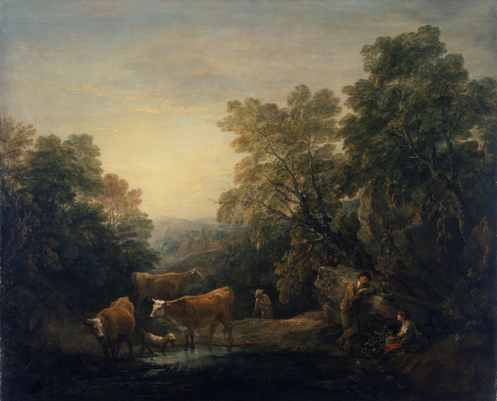 Rocky Wooded Landscape with Rustic Lovers, Herdsman, and Cows