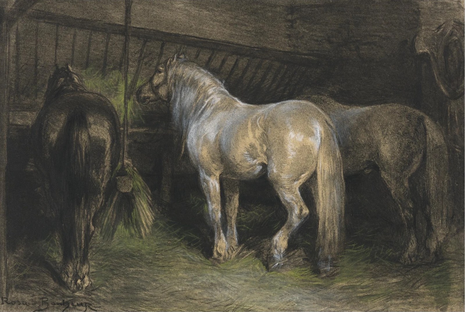 Horses Eating Hay in a Stable