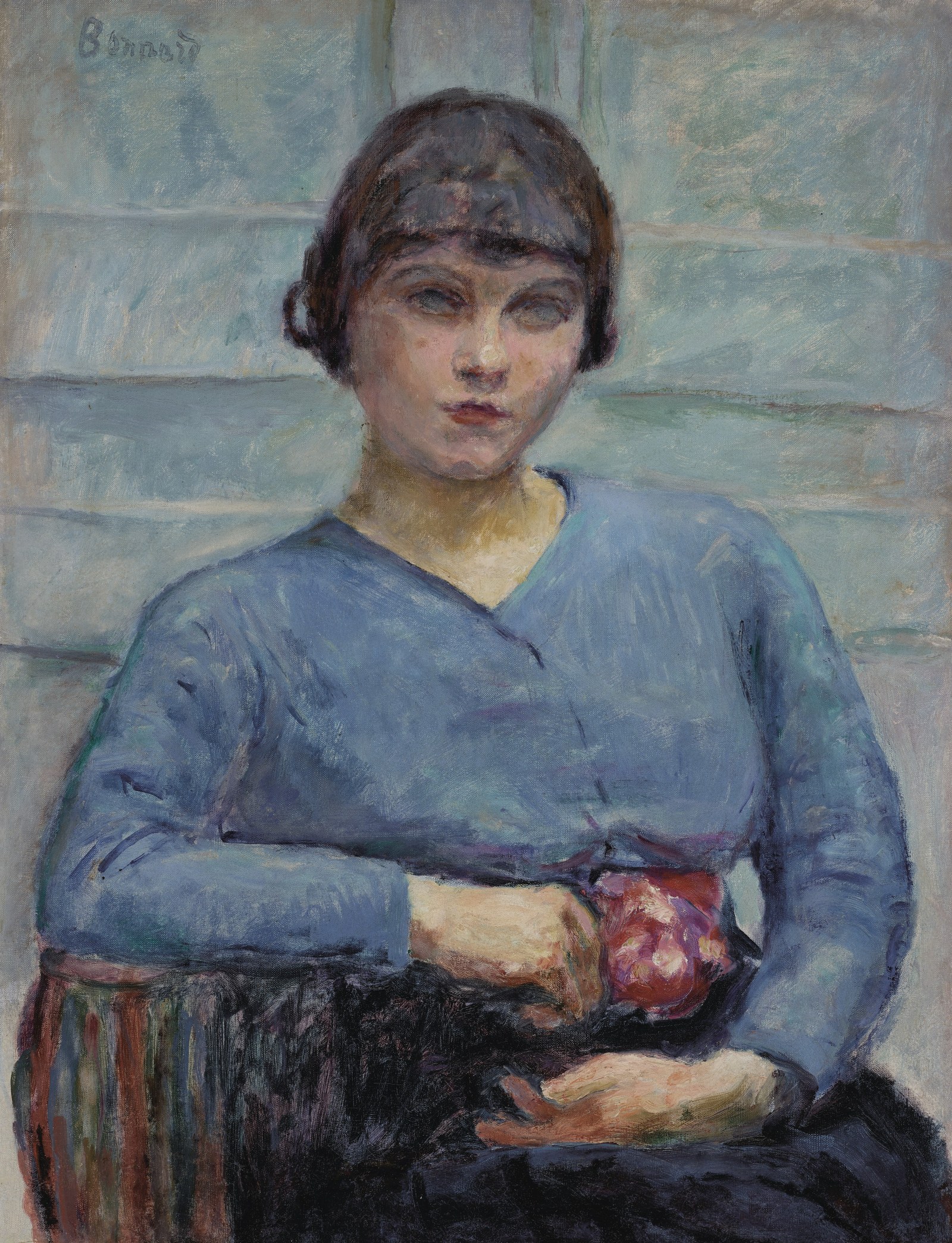 Girl in blue, with rose
