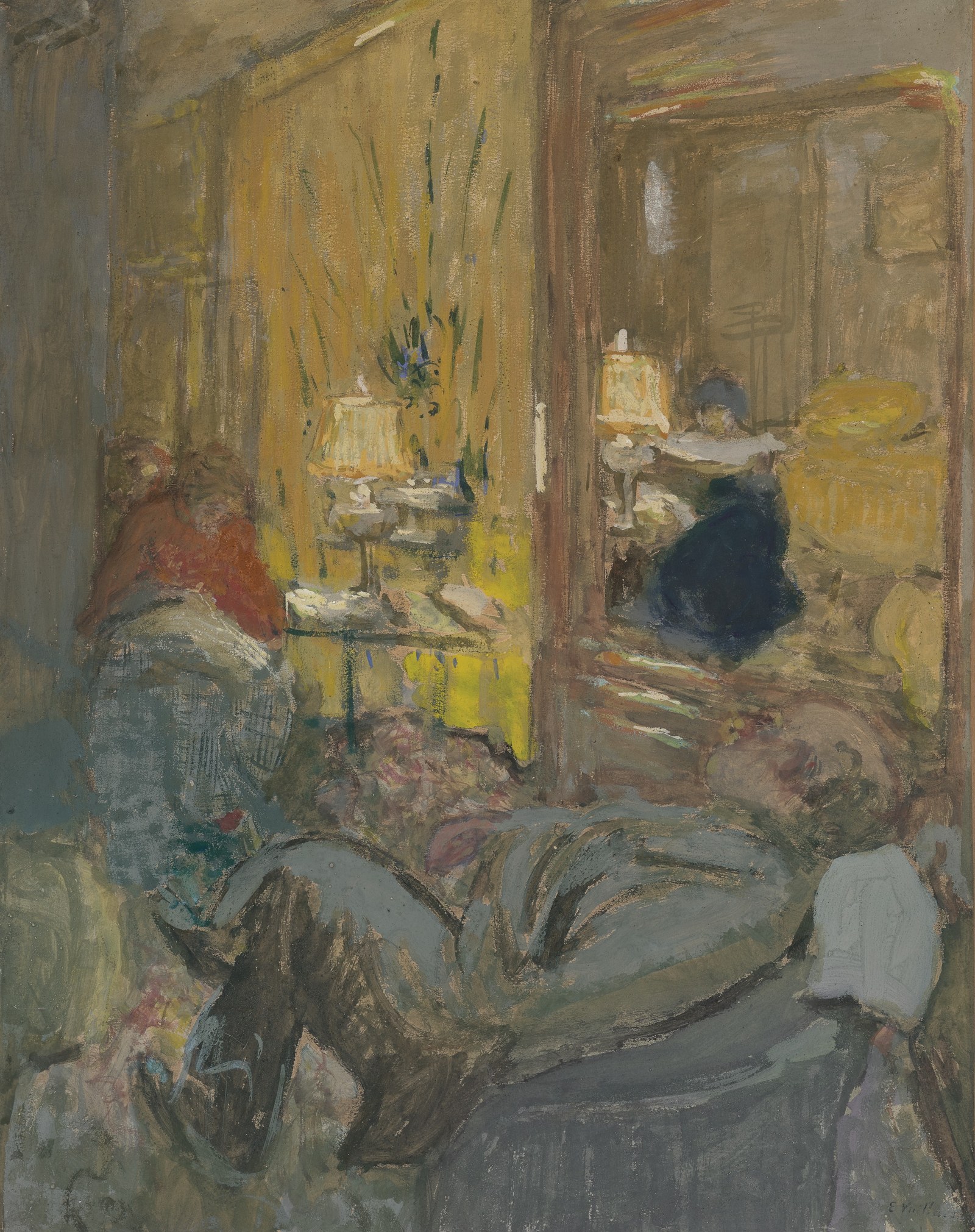 Interior with three figures