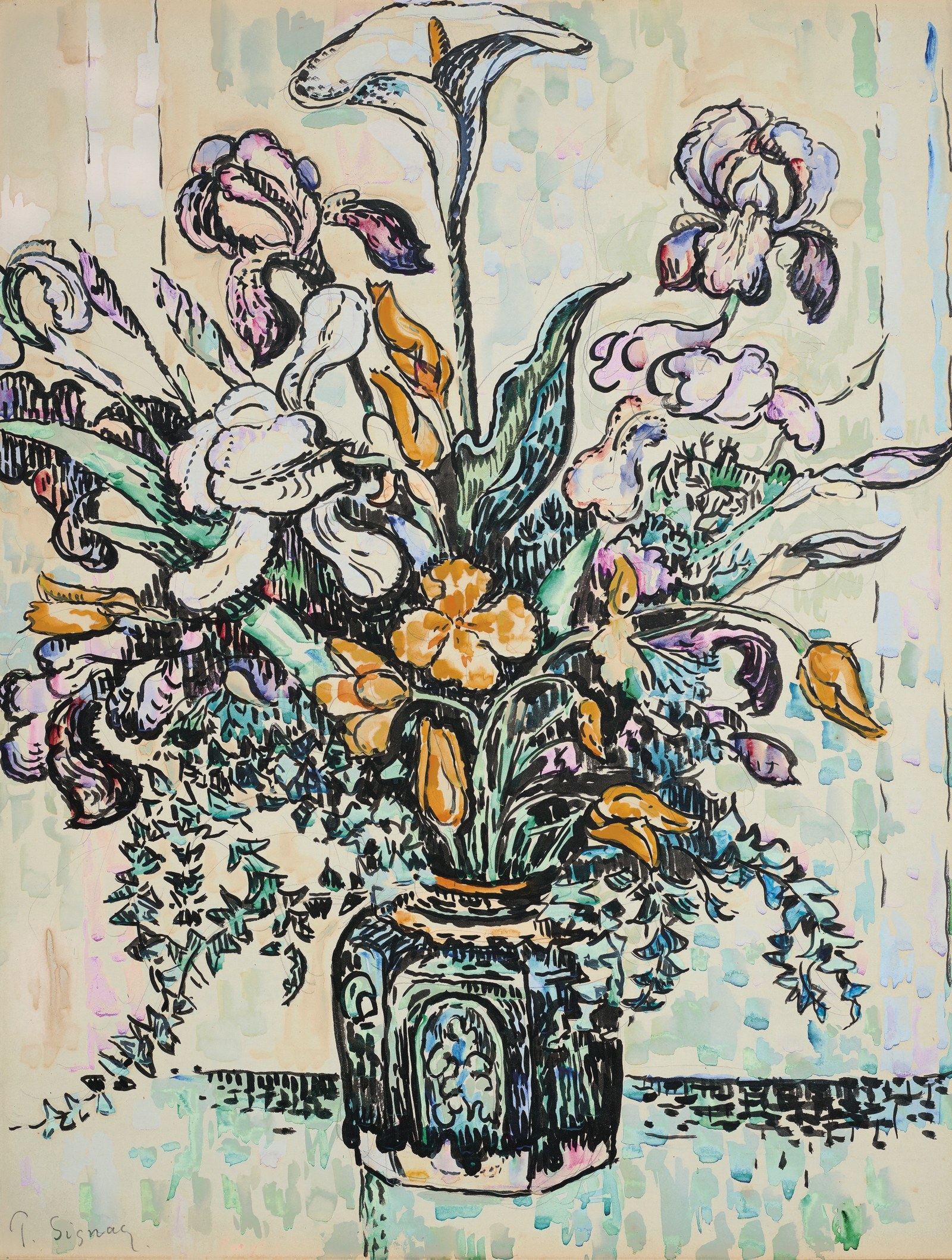 Bouquet of iris, arum, tulips in a vase by André Metthey