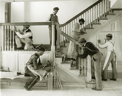 Stairway of Treasurer's Residence, Students at Work. Hampton Institut
