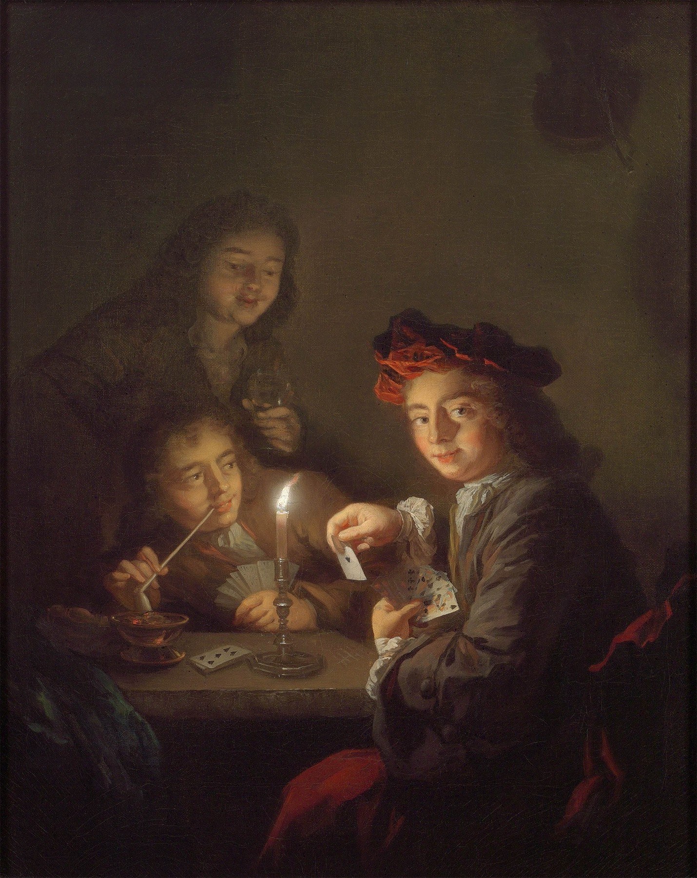A Candlelit Interior with Boys Playing Cards