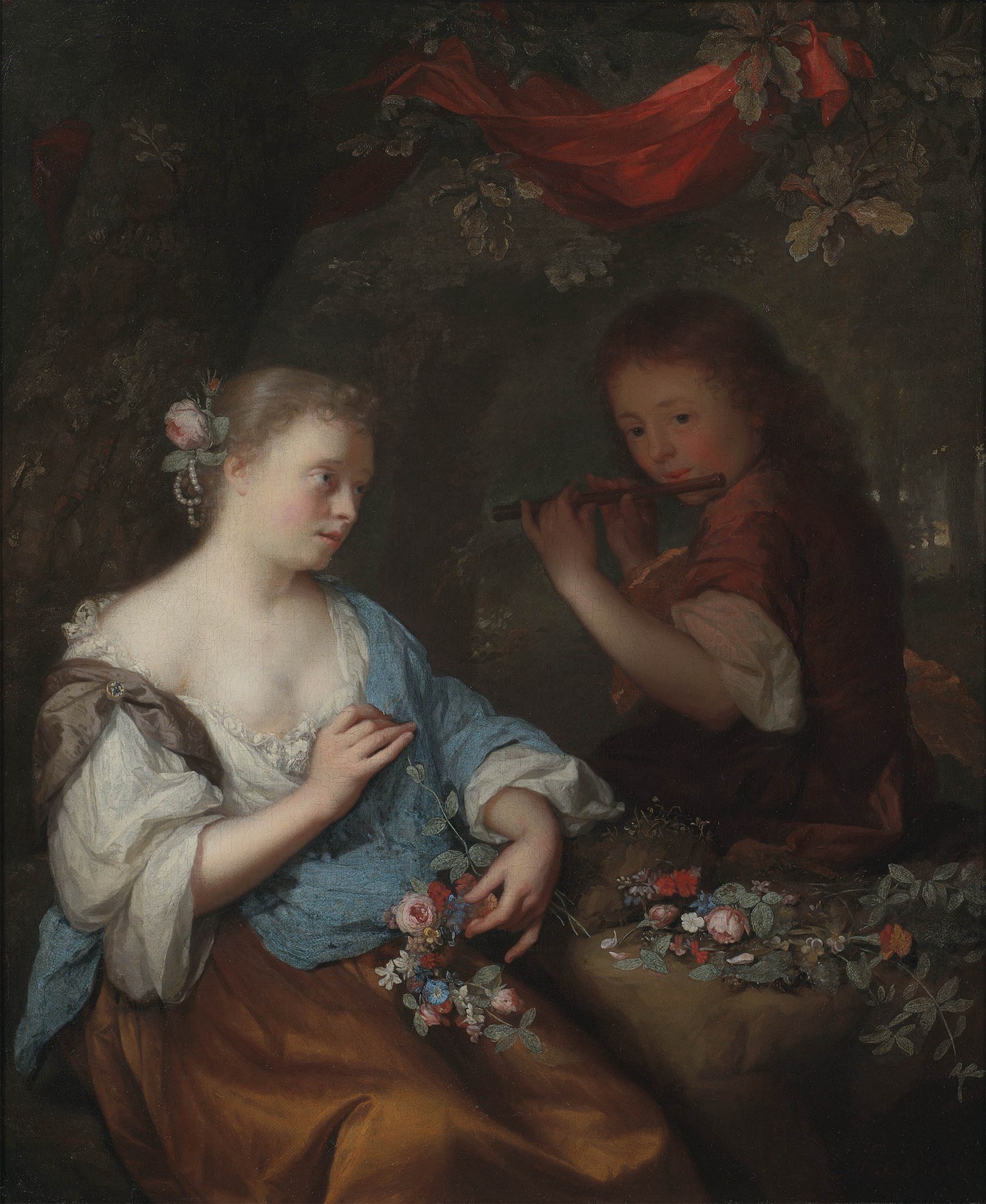 A Young Boy Playing a Flute to a Young Woman with a Garland