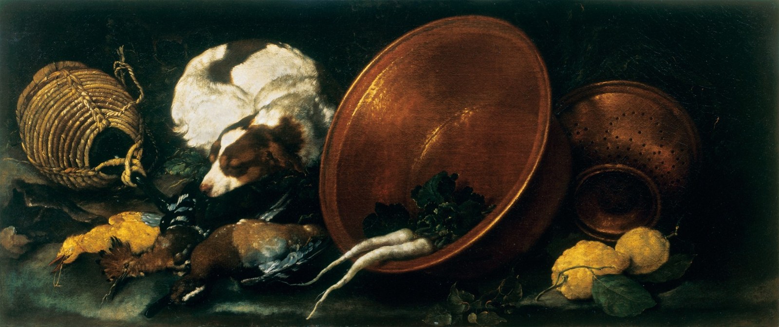 Still Life with Kitchen Utensils, Poultry, a Sleeping Dog and Lemons