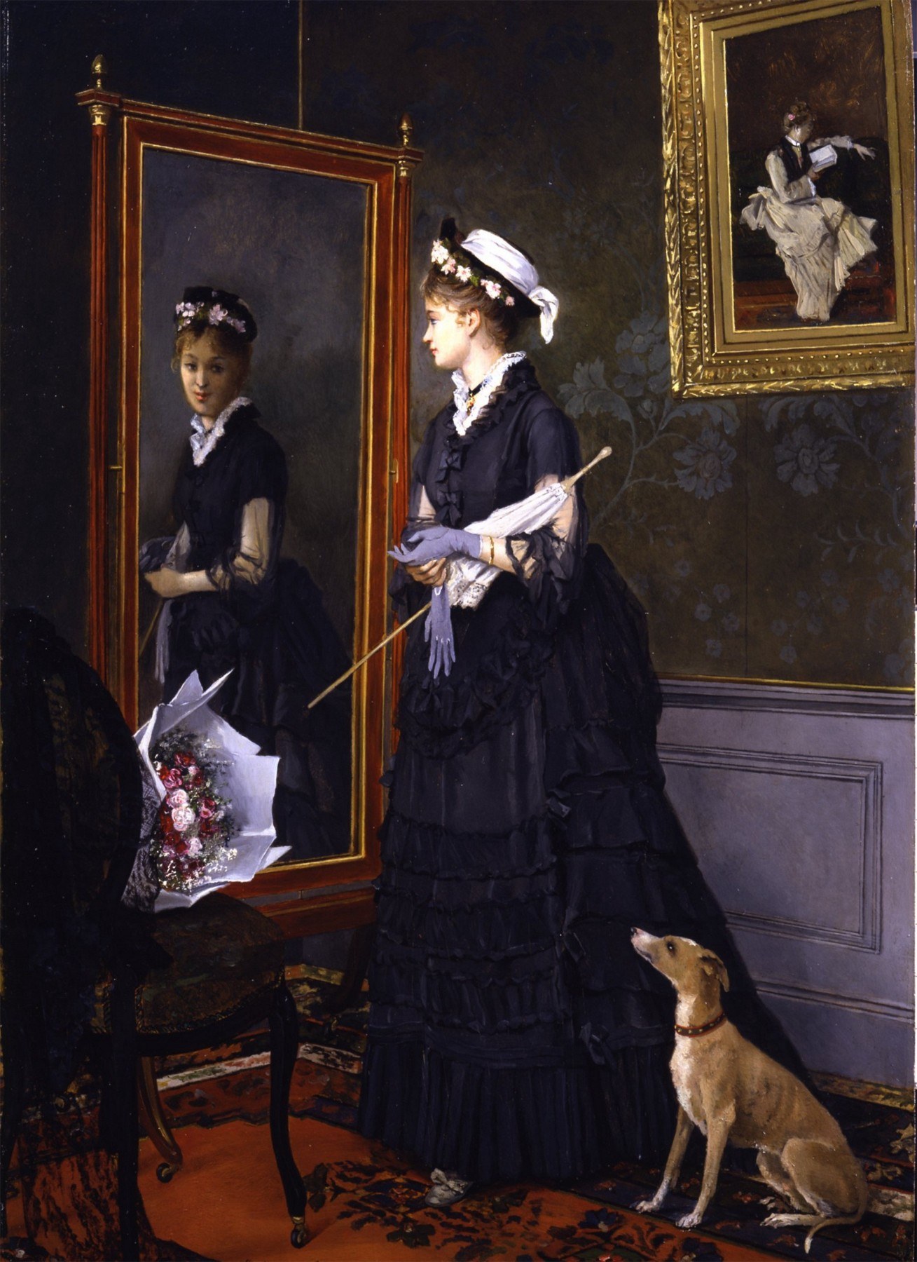 Elegant Woman Looking at Herself in a Mirror