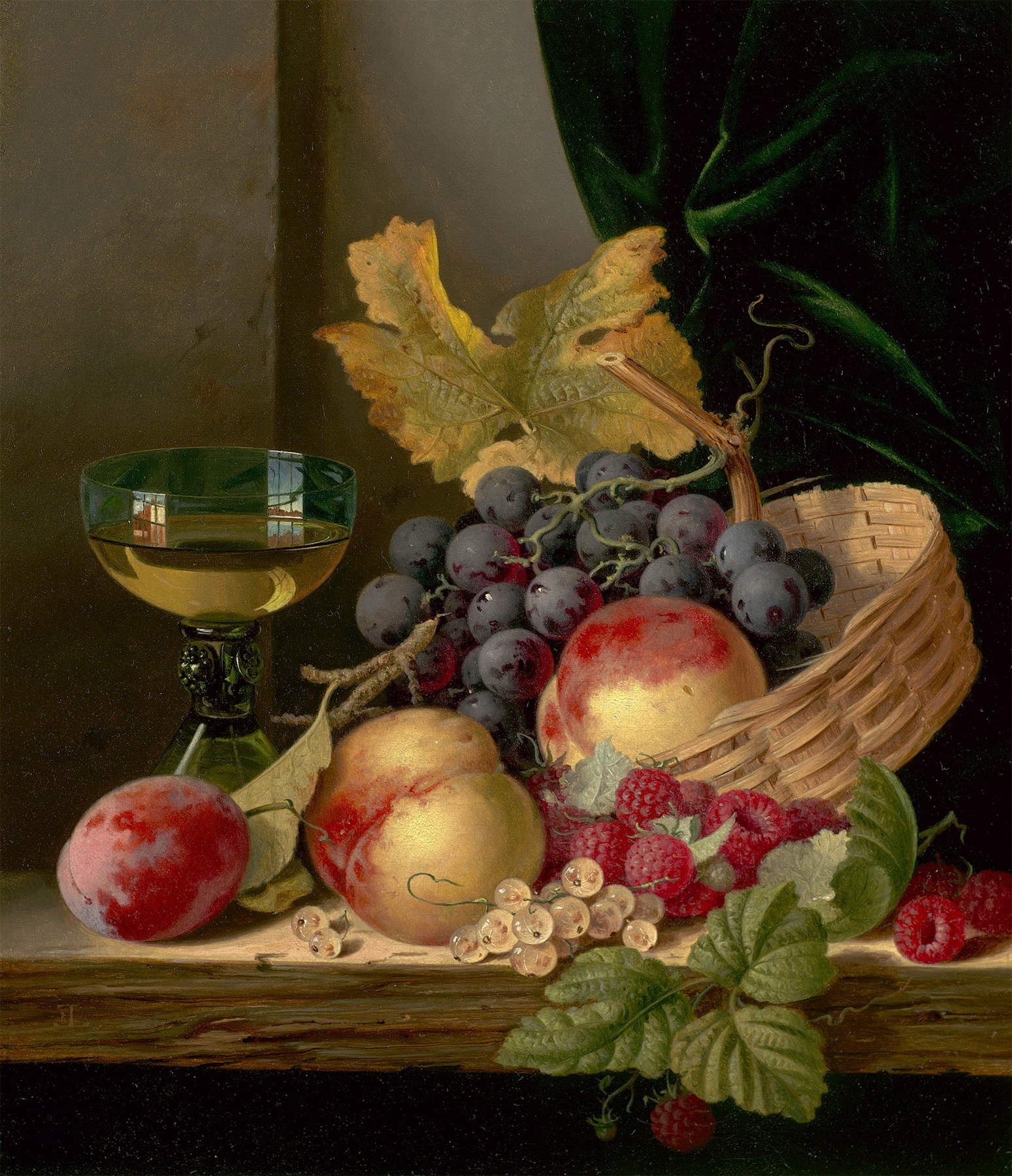A Basket of Peaches and Grapes with Raspberries and a Roemer on a Ledge