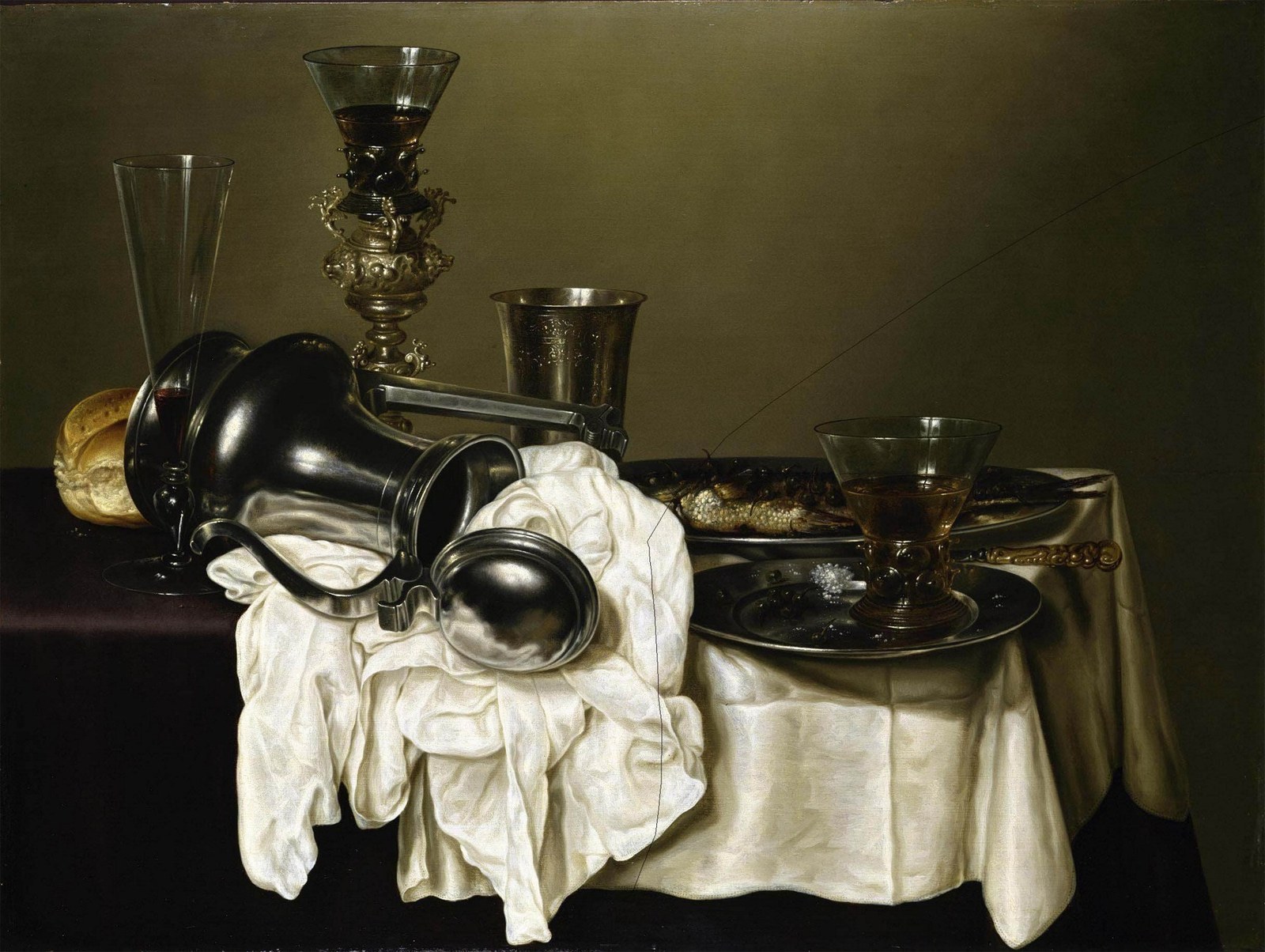 Still Life with an Upturned Silver Ewer, Glasses and a Fish on Pewter Plates