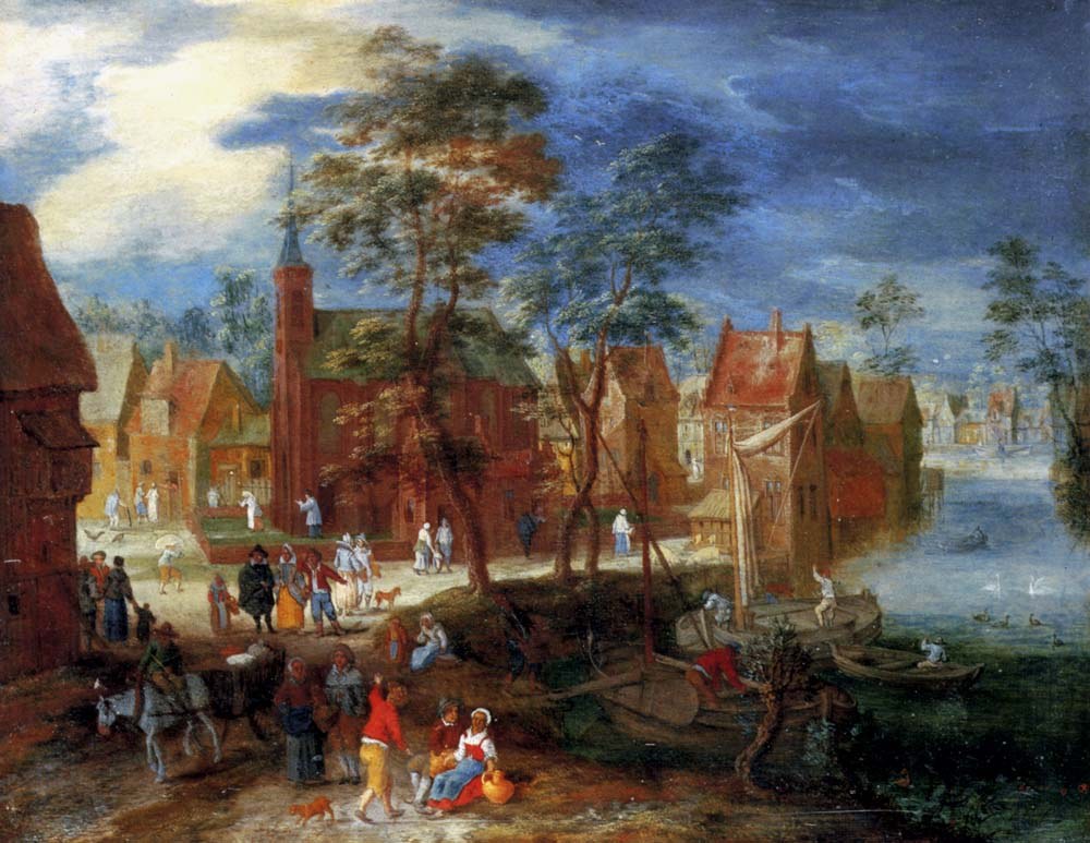 A Village Scene with Peasants Strolling by a River